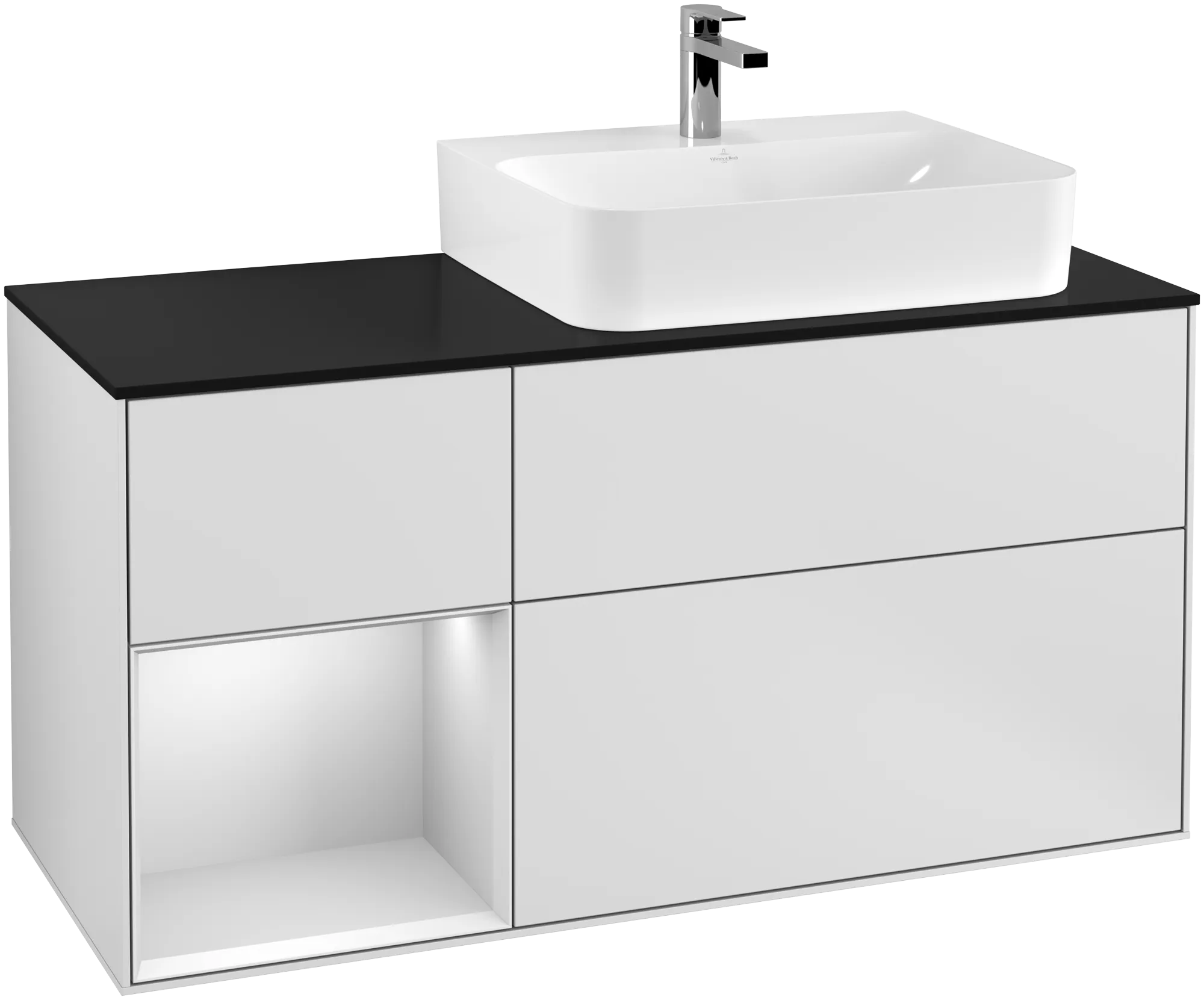 Bild von VILLEROY BOCH Finion Waschbeckenunterschrank, mit Beleuchtung, 3 Auszüge, 1200 x 603 x 501 mm, White Matt Lacquer / White Matt Lacquer / Glass Black Matt #G142MTMT