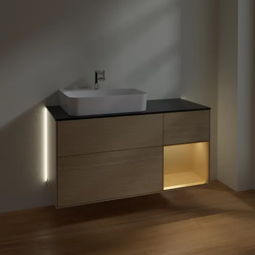 Bild von VILLEROY BOCH Finion Waschbeckenunterschrank, mit Beleuchtung, 3 Auszüge, 1200 x 603 x 501 mm, Oak Veneer / Gold Matt Lacquer / Glass Black Matt #G152HFPC