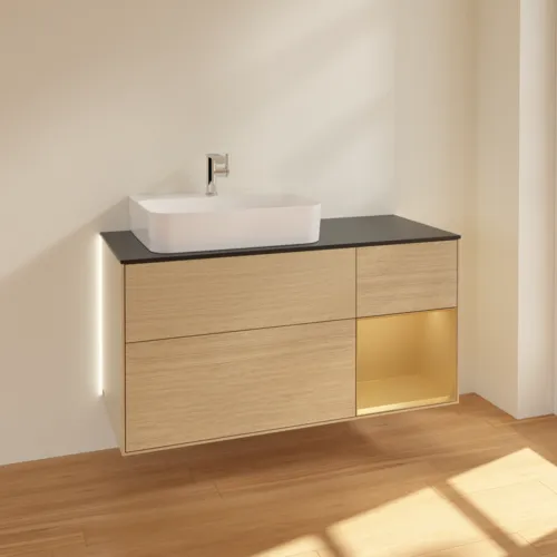 Bild von VILLEROY BOCH Finion Waschbeckenunterschrank, mit Beleuchtung, 3 Auszüge, 1200 x 603 x 501 mm, Oak Veneer / Gold Matt Lacquer / Glass Black Matt #G152HFPC