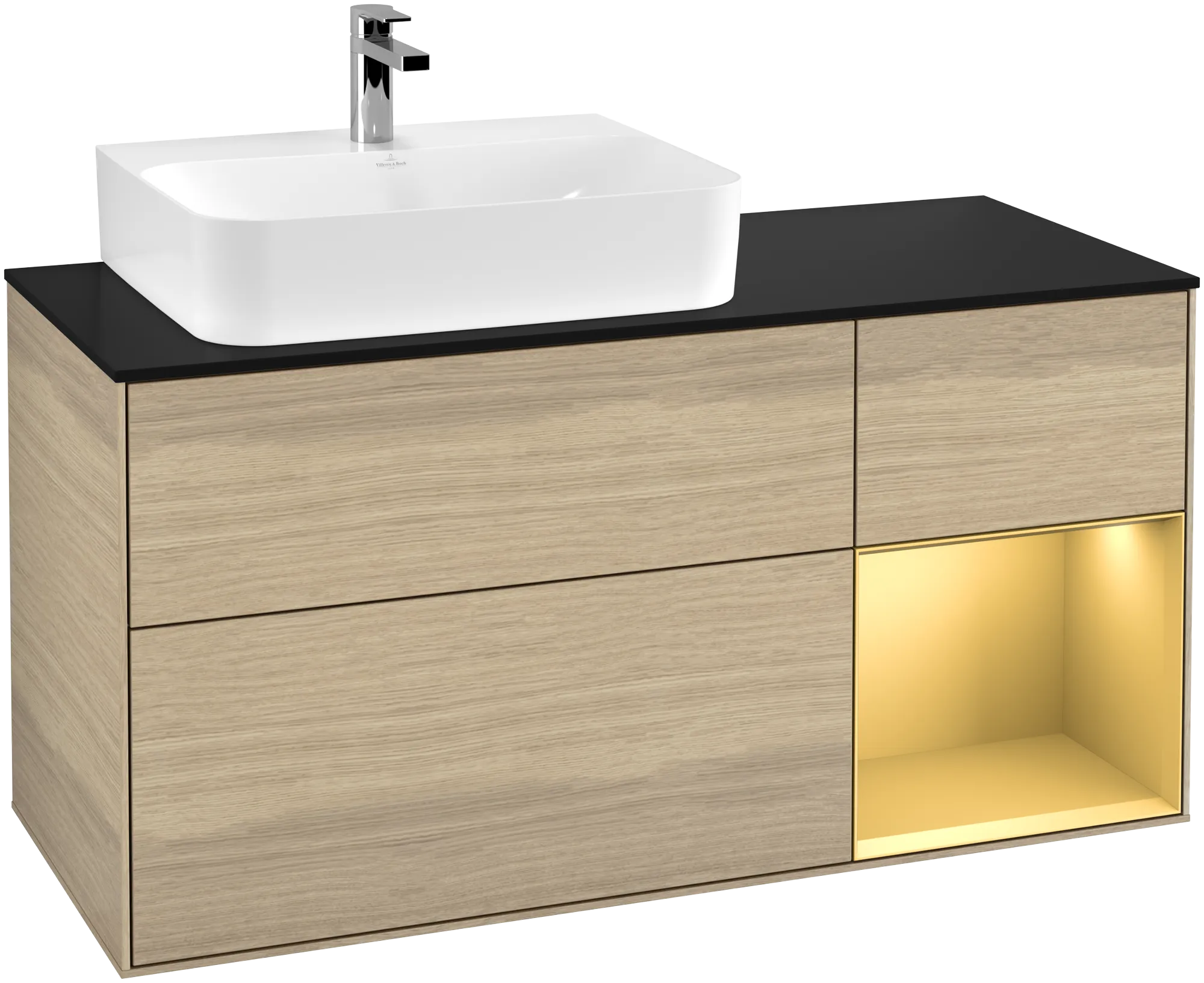 Bild von VILLEROY BOCH Finion Waschbeckenunterschrank, mit Beleuchtung, 3 Auszüge, 1200 x 603 x 501 mm, Oak Veneer / Gold Matt Lacquer / Glass Black Matt #G152HFPC