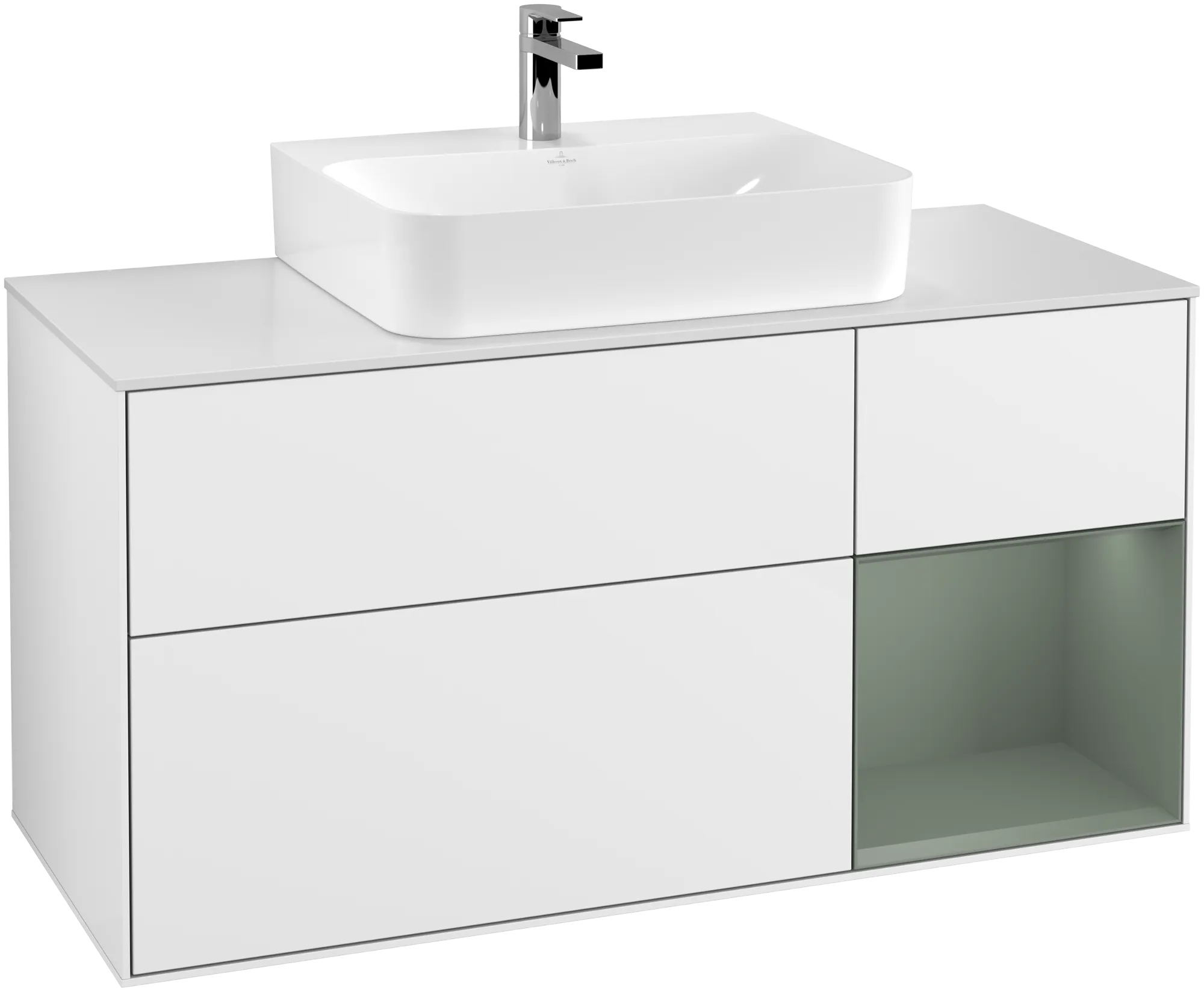 Bild von VILLEROY BOCH Finion Waschbeckenunterschrank, mit Beleuchtung, 3 Auszüge, 1200 x 603 x 501 mm, Glossy White Lacquer / Olive Matt Lacquer / Glass White Matt #G171GMGF