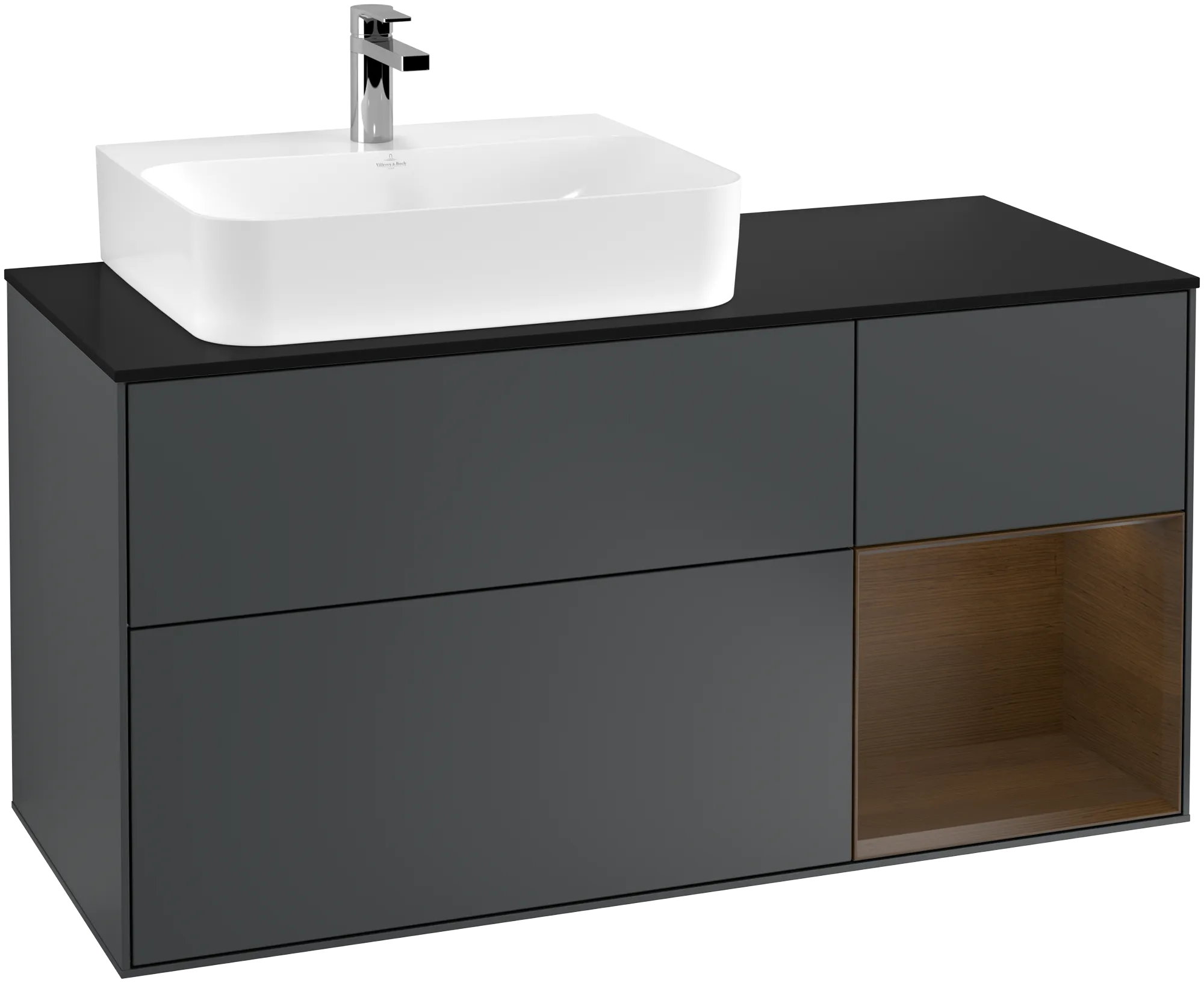 Bild von VILLEROY BOCH Finion Waschbeckenunterschrank, mit Beleuchtung, 3 Auszüge, 1200 x 603 x 501 mm, Midnight Blue Matt Lacquer / Walnut Veneer / Glass Black Matt #G152GNHG