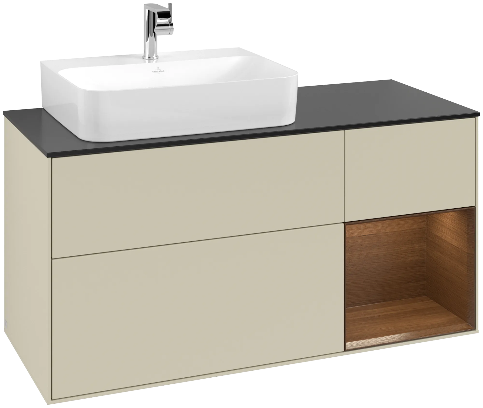 Obrázek VILLEROY BOCH Finion Vanity unit, with lighting, 3 pull-out compartments, 1200 x 603 x 501 mm, Silk Grey Matt Lacquer / Walnut Veneer / Glass Black Matt #G152GNHJ