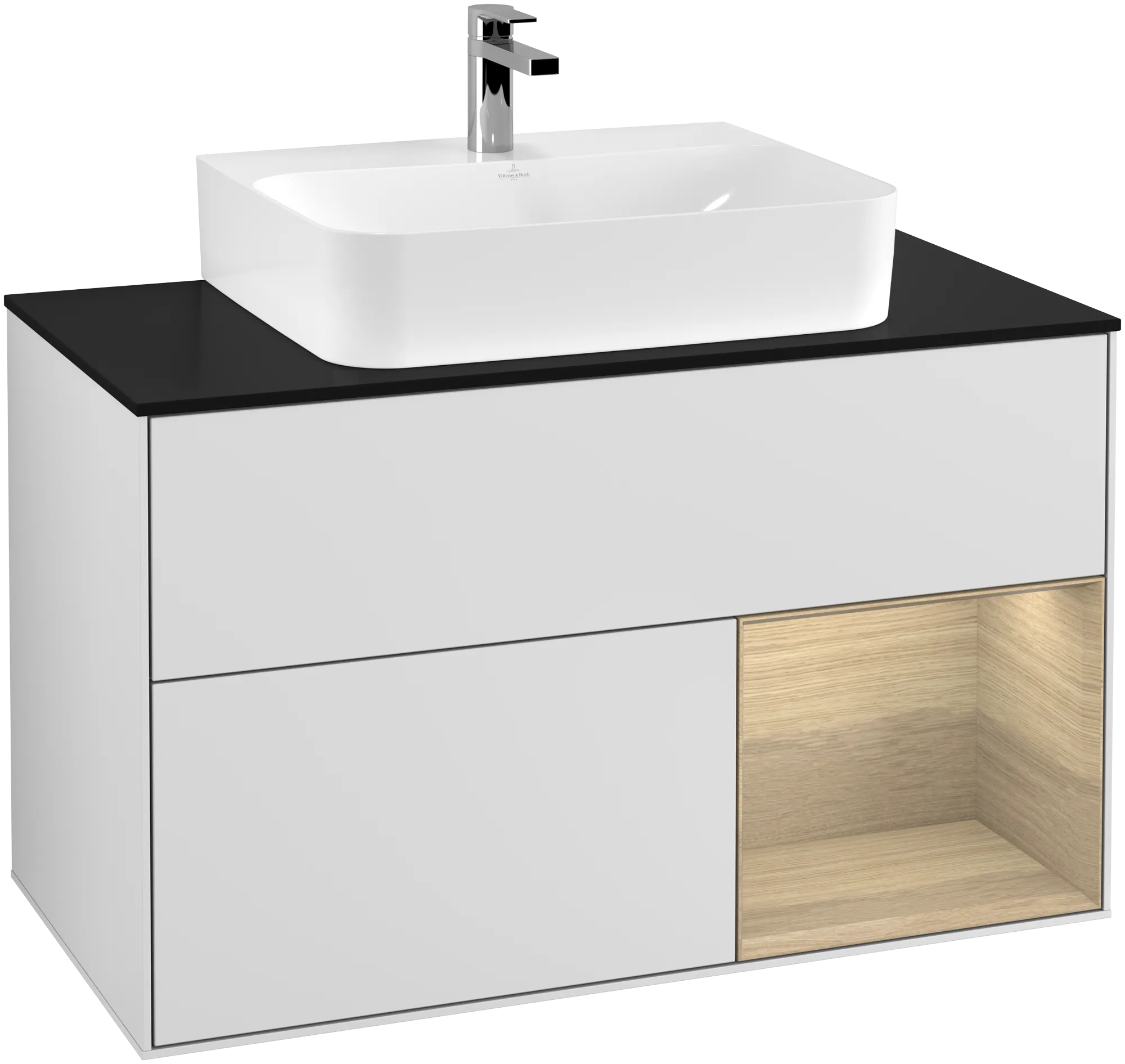 Bild von VILLEROY BOCH Finion Waschbeckenunterschrank, mit Beleuchtung, 2 Auszüge, 1000 x 603 x 501 mm, White Matt Lacquer / Oak Veneer / Glass Black Matt #G122PCMT