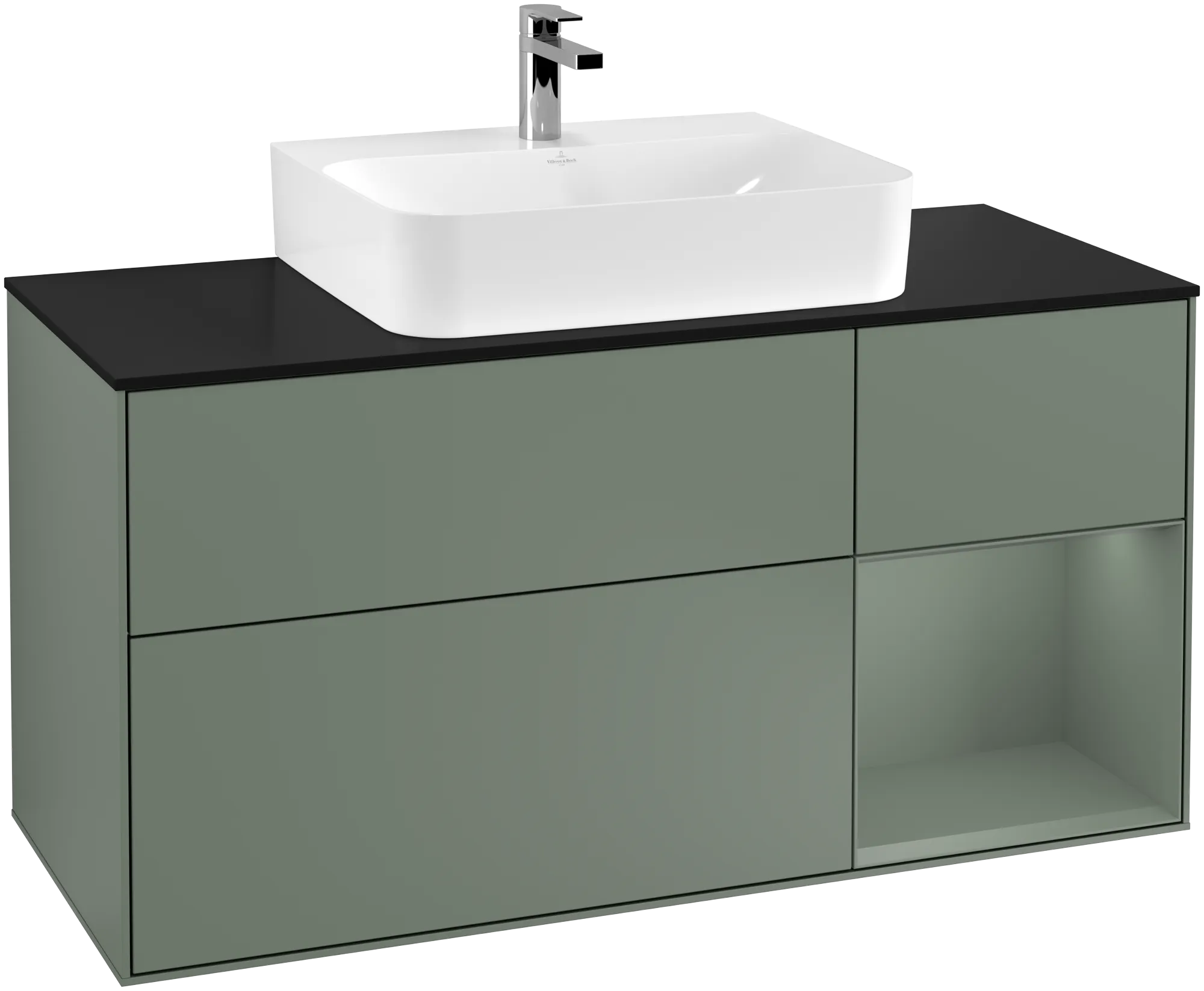 Picture of VILLEROY BOCH Finion Vanity unit, with lighting, 3 pull-out compartments, 1200 x 603 x 501 mm, Olive Matt Lacquer / Olive Matt Lacquer / Glass Black Matt #G172GMGM