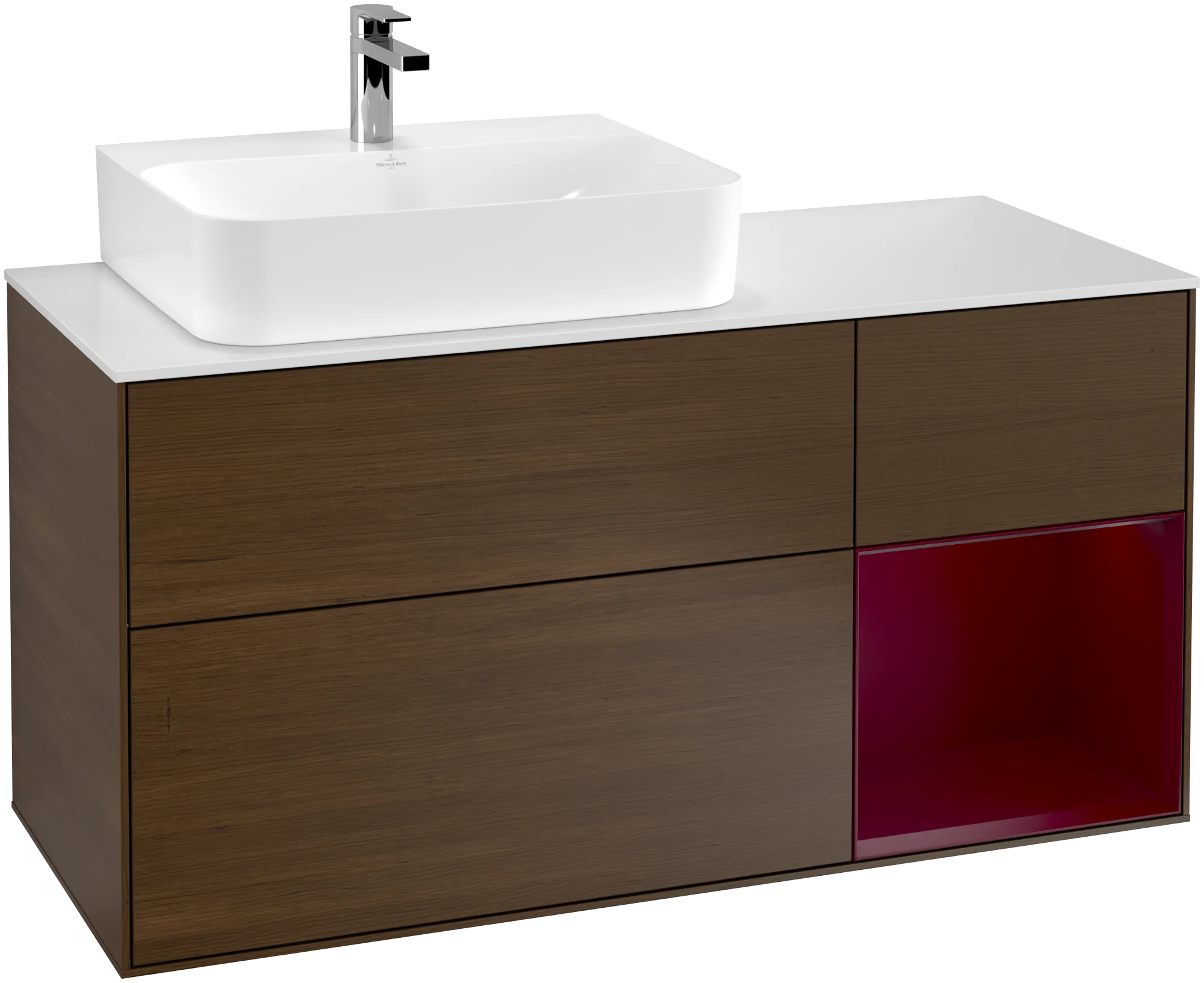Bild von VILLEROY BOCH Finion Waschbeckenunterschrank, mit Beleuchtung, 3 Auszüge, 1200 x 603 x 501 mm, Walnut Veneer / Peony Matt Lacquer / Glass White Matt #G151HBGN
