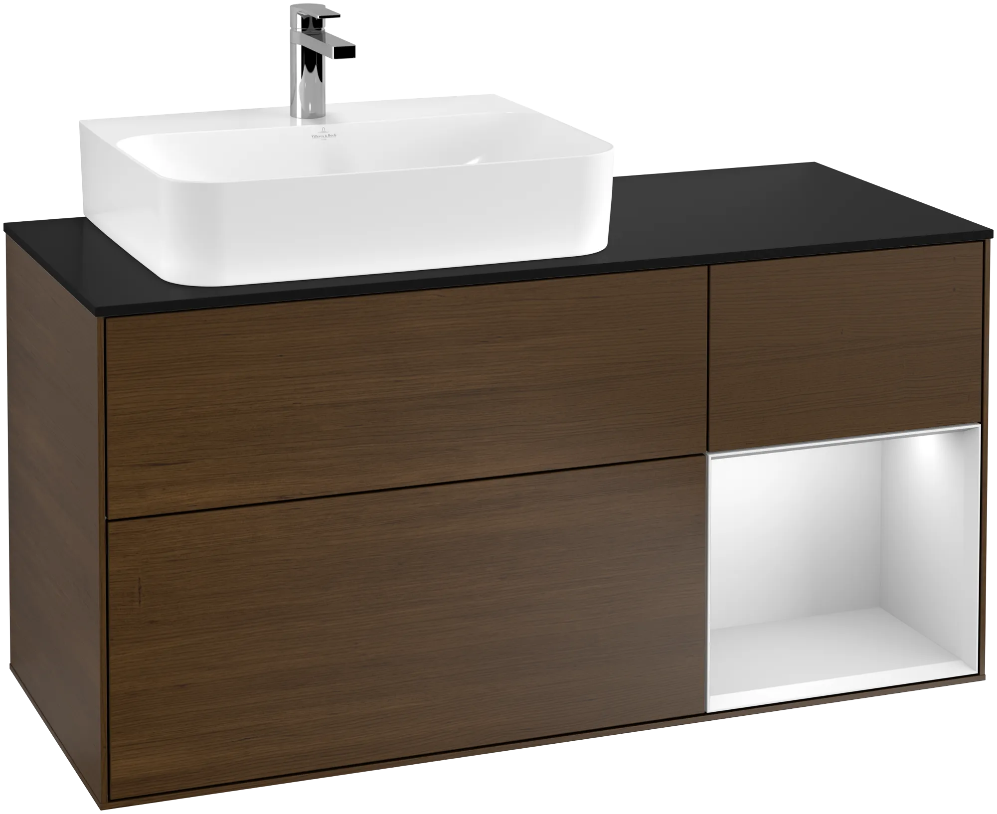 Bild von VILLEROY BOCH Finion Waschbeckenunterschrank, mit Beleuchtung, 3 Auszüge, 1200 x 603 x 501 mm, Walnut Veneer / White Matt Lacquer / Glass Black Matt #G152MTGN