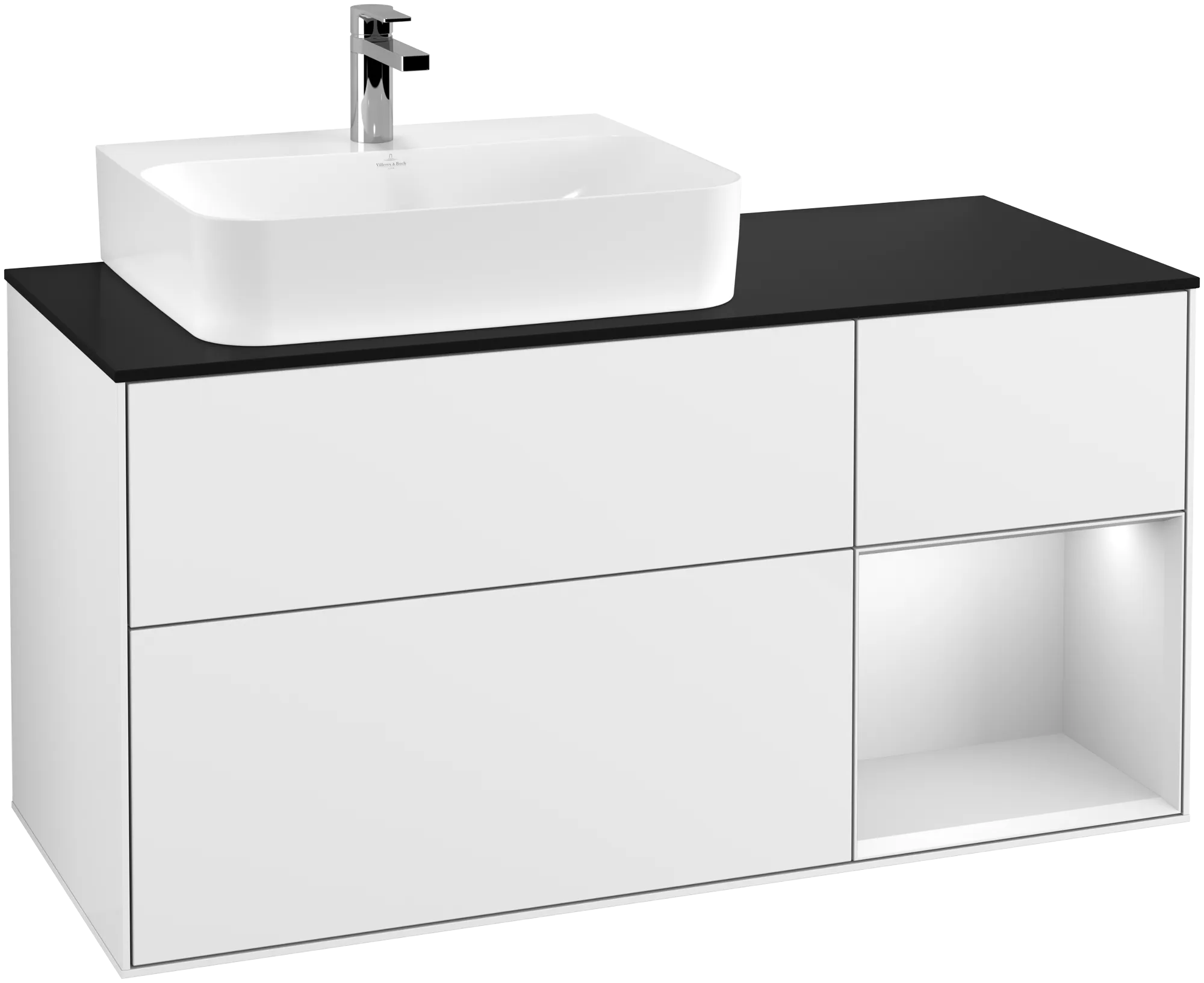 Bild von VILLEROY BOCH Finion Waschbeckenunterschrank, mit Beleuchtung, 3 Auszüge, 1200 x 603 x 501 mm, Glossy White Lacquer / White Matt Lacquer / Glass Black Matt #G152MTGF