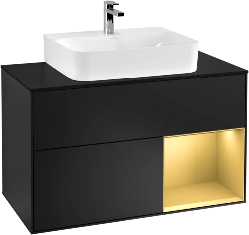 Bild von VILLEROY BOCH Finion Waschbeckenunterschrank, mit Beleuchtung, 2 Auszüge, 1000 x 603 x 501 mm, Black Matt Lacquer / Gold Matt Lacquer / Glass Black Matt #G122HFPD