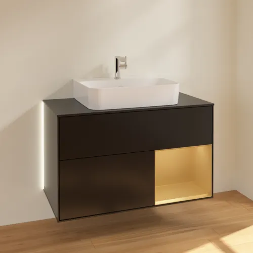 Bild von VILLEROY BOCH Finion Waschbeckenunterschrank, mit Beleuchtung, 2 Auszüge, 1000 x 603 x 501 mm, Black Matt Lacquer / Gold Matt Lacquer / Glass Black Matt #G122HFPD