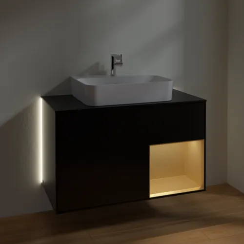 Bild von VILLEROY BOCH Finion Waschbeckenunterschrank, mit Beleuchtung, 2 Auszüge, 1000 x 603 x 501 mm, Black Matt Lacquer / Gold Matt Lacquer / Glass Black Matt #G122HFPD