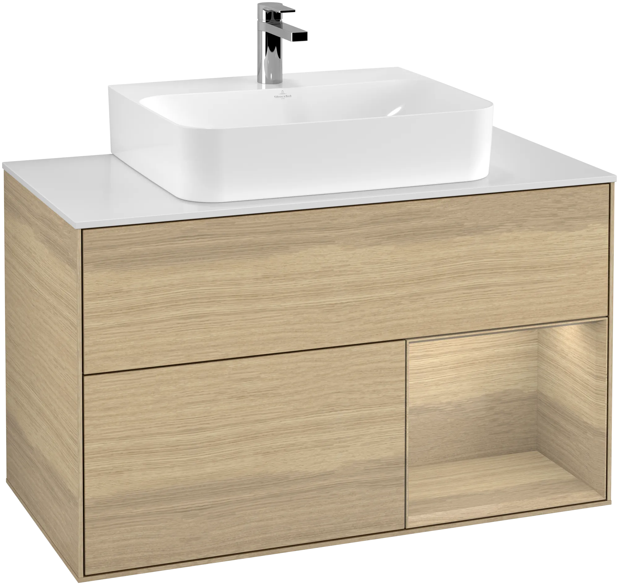 Picture of VILLEROY BOCH Finion Vanity unit, with lighting, 2 pull-out compartments, 1000 x 603 x 501 mm, Oak Veneer / Oak Veneer / Glass White Matt #G121PCPC