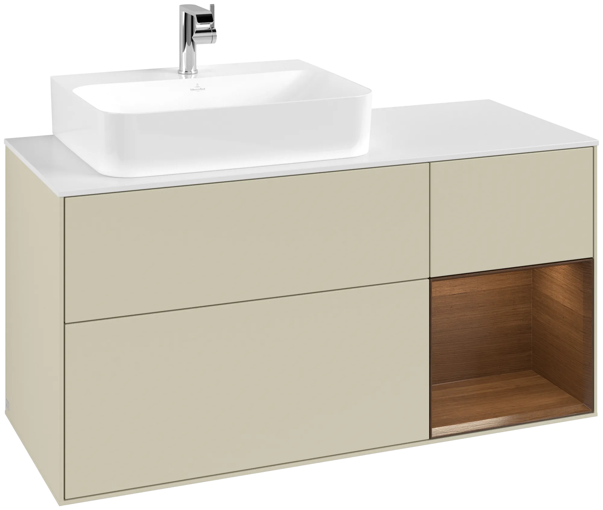 Bild von VILLEROY BOCH Finion Waschbeckenunterschrank, mit Beleuchtung, 3 Auszüge, 1200 x 603 x 501 mm, Silk Grey Matt Lacquer / Walnut Veneer / Glass White Matt #G151GNHJ