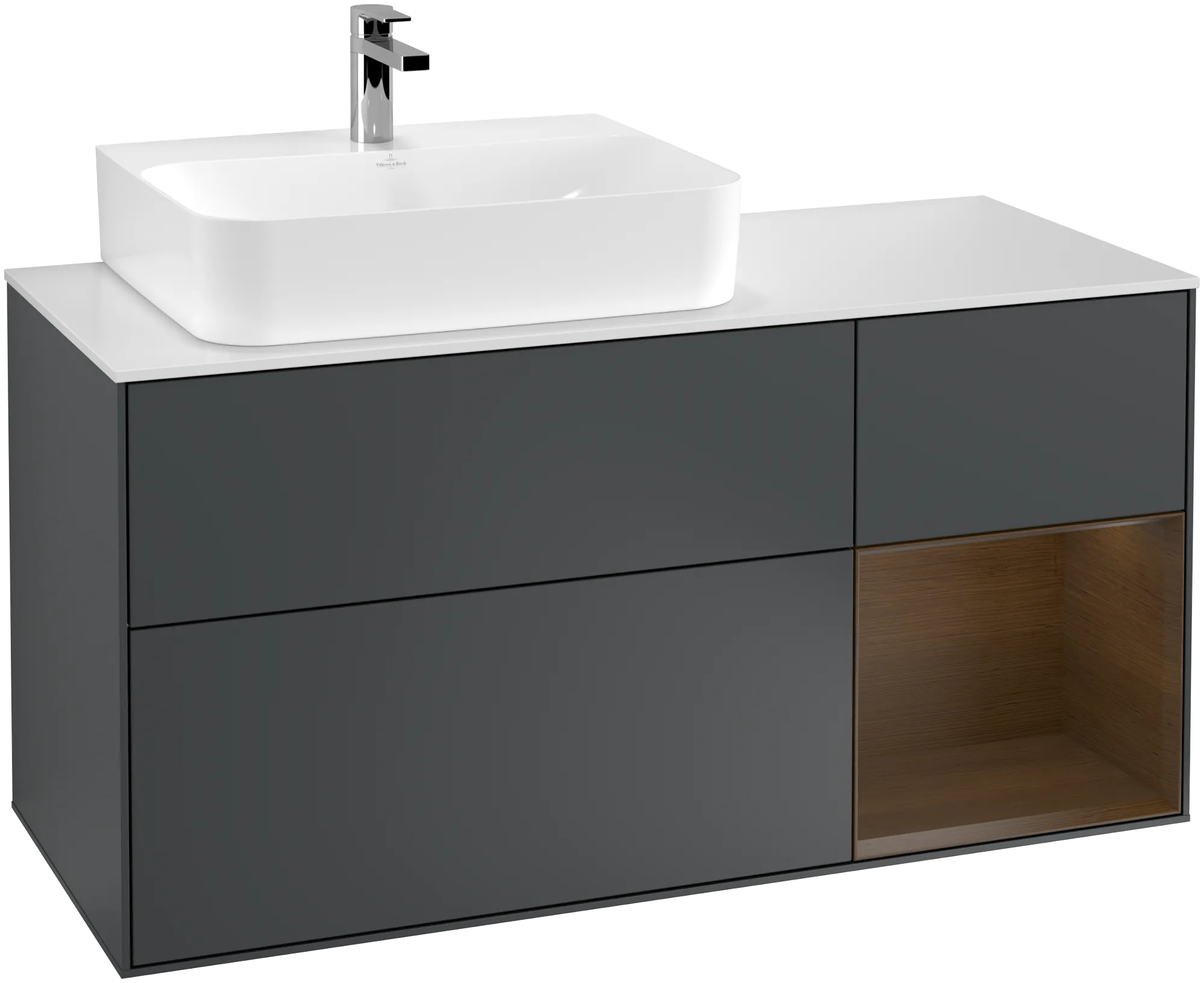 Bild von VILLEROY BOCH Finion Waschbeckenunterschrank, mit Beleuchtung, 3 Auszüge, 1200 x 603 x 501 mm, Midnight Blue Matt Lacquer / Walnut Veneer / Glass White Matt #G151GNHG