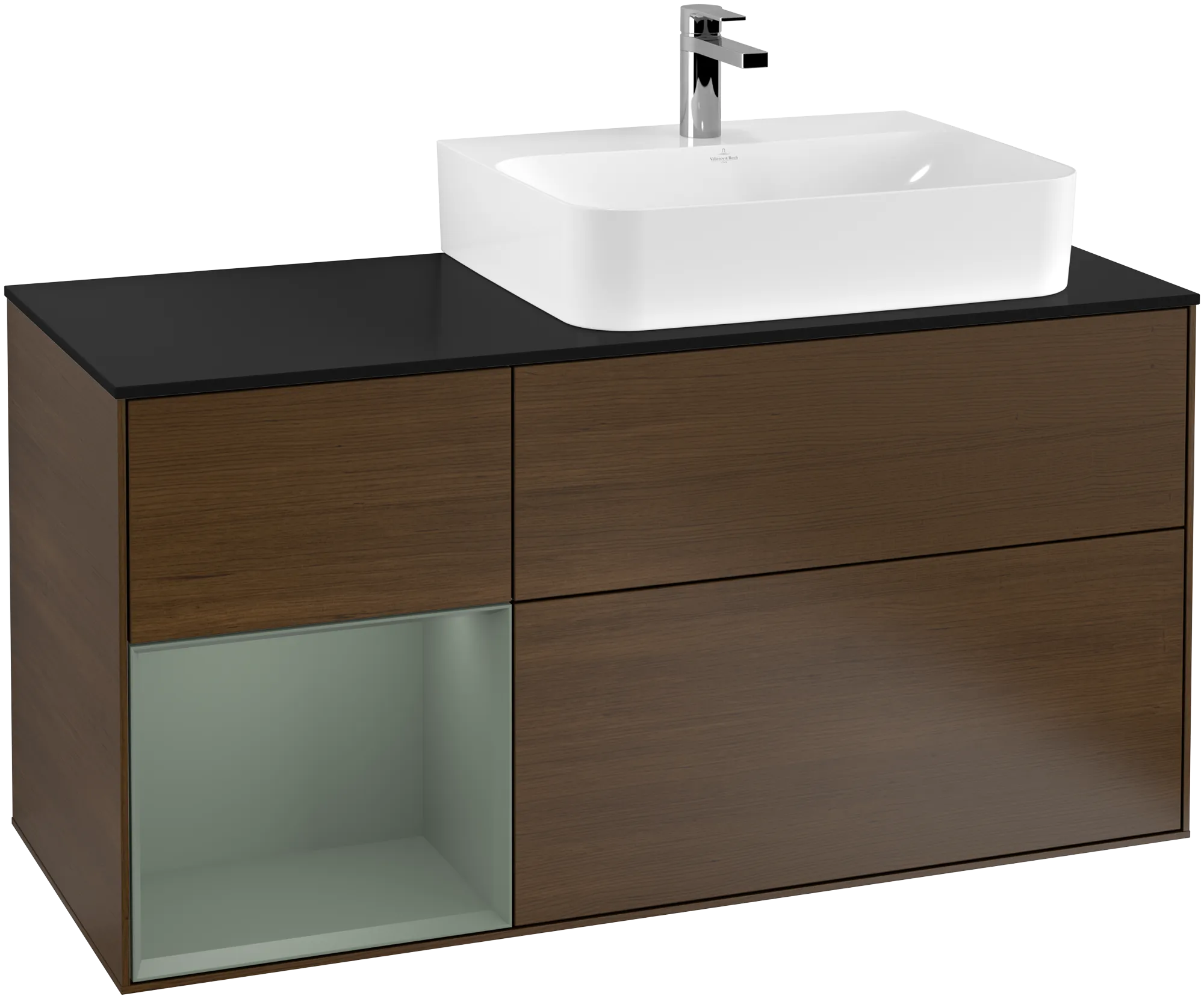 Bild von VILLEROY BOCH Finion Waschbeckenunterschrank, mit Beleuchtung, 3 Auszüge, 1200 x 603 x 501 mm, Walnut Veneer / Olive Matt Lacquer / Glass Black Matt #G142GMGN