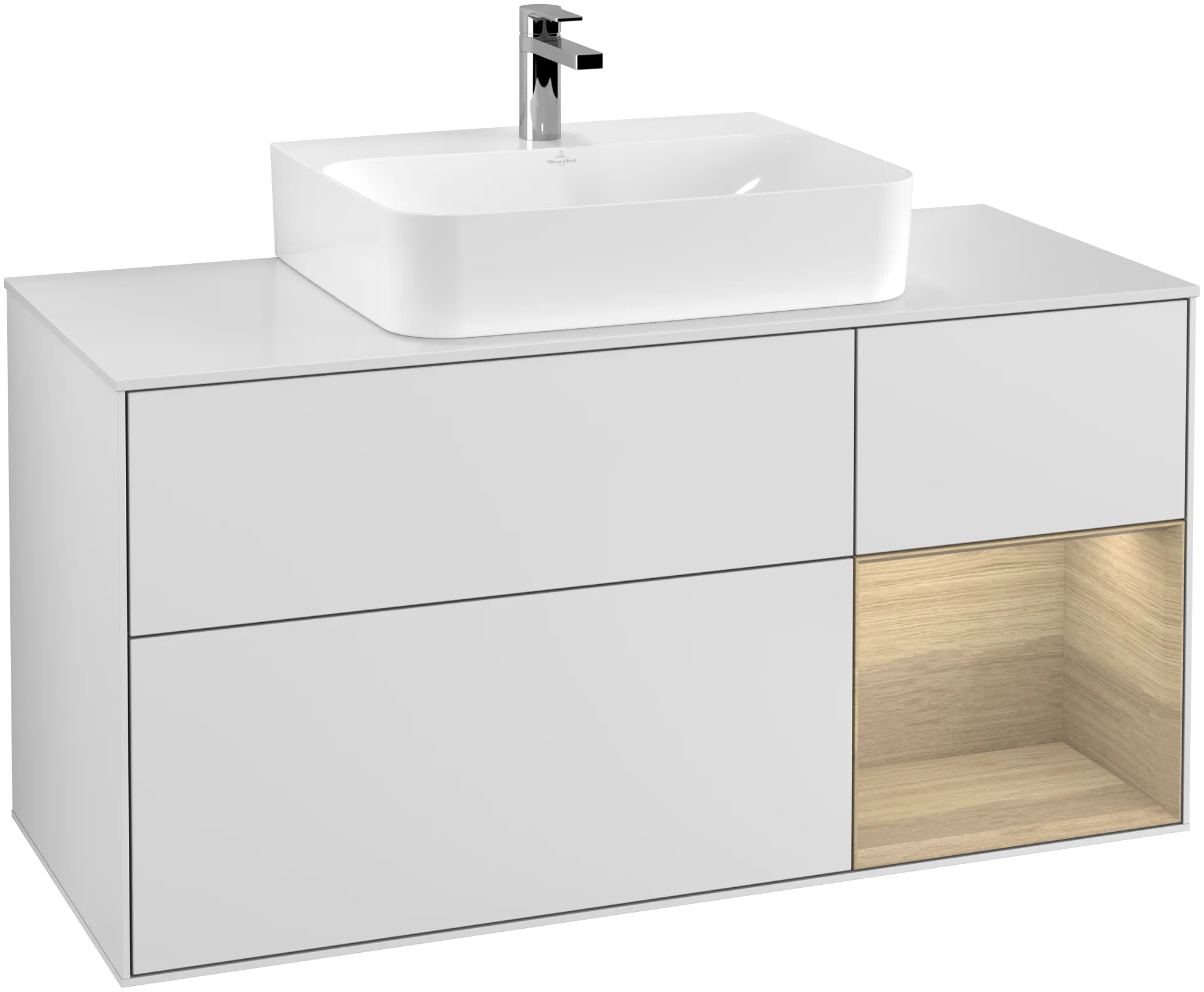Bild von VILLEROY BOCH Finion Waschbeckenunterschrank, mit Beleuchtung, 3 Auszüge, 1200 x 603 x 501 mm, White Matt Lacquer / Oak Veneer / Glass White Matt #G171PCMT