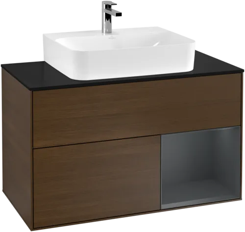 Bild von VILLEROY BOCH Finion Waschbeckenunterschrank, mit Beleuchtung, 2 Auszüge, 1000 x 603 x 501 mm, Walnut Veneer / Midnight Blue Matt Lacquer / Glass Black Matt #G122HGGN