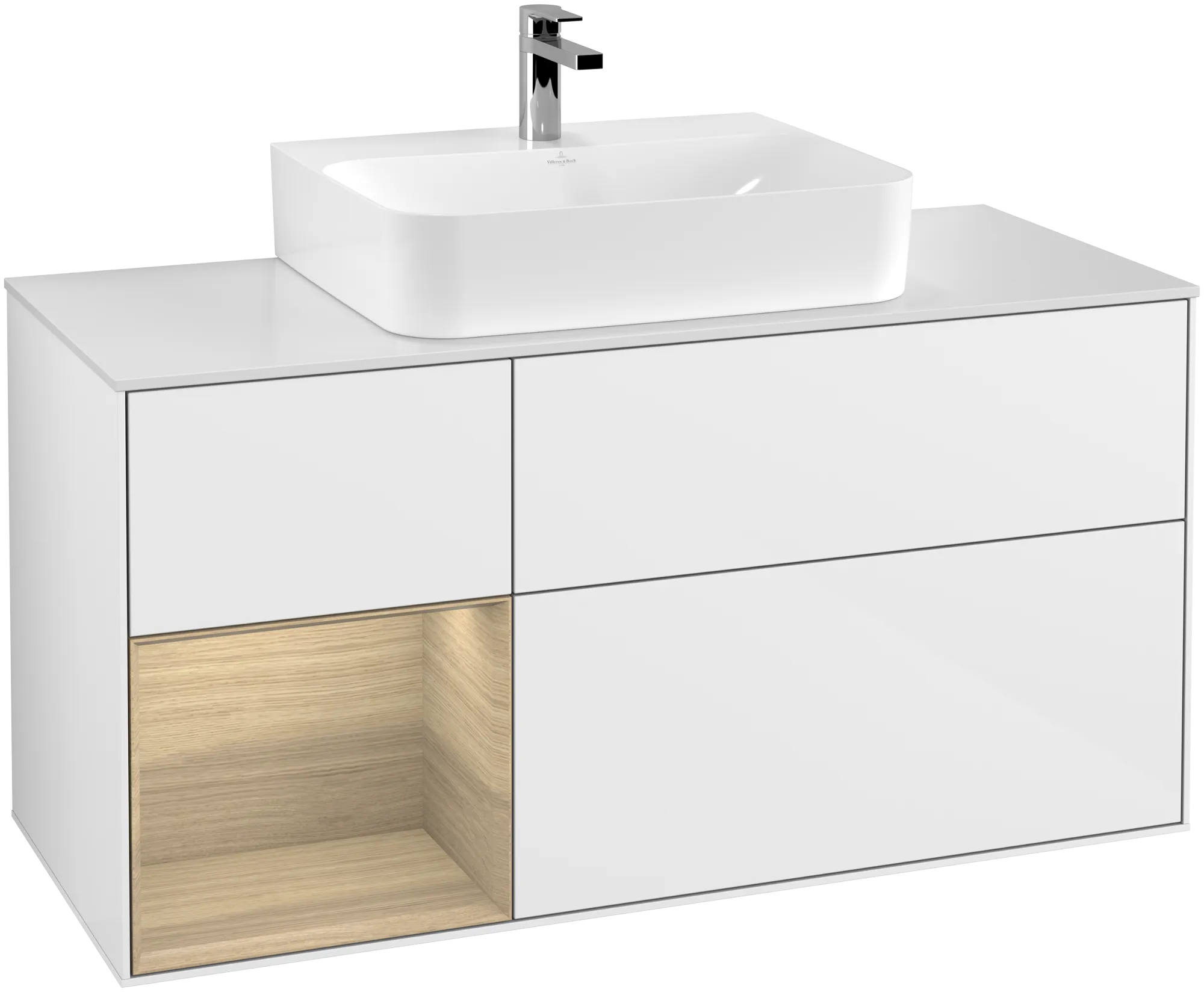 Bild von VILLEROY BOCH Finion Waschbeckenunterschrank, mit Beleuchtung, 3 Auszüge, 1200 x 603 x 501 mm, Glossy White Lacquer / Oak Veneer / Glass White Matt #G161PCGF