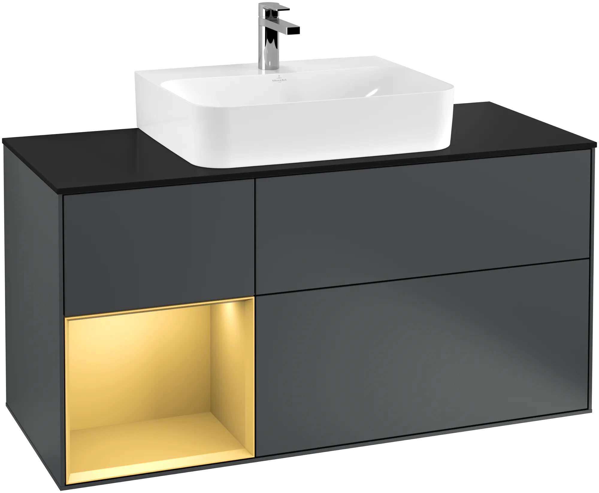 Bild von VILLEROY BOCH Finion Waschbeckenunterschrank, mit Beleuchtung, 3 Auszüge, 1200 x 603 x 501 mm, Midnight Blue Matt Lacquer / Gold Matt Lacquer / Glass Black Matt #G162HFHG