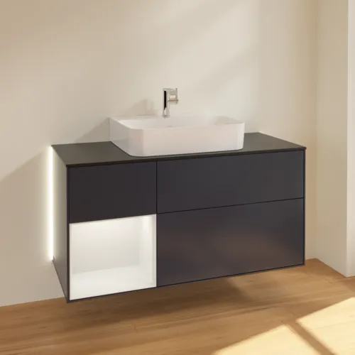 Bild von VILLEROY BOCH Finion Waschbeckenunterschrank, mit Beleuchtung, 3 Auszüge, 1200 x 603 x 501 mm, Midnight Blue Matt Lacquer / Gold Matt Lacquer / Glass Black Matt #G162HFHG