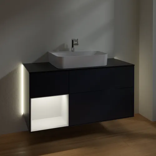 Bild von VILLEROY BOCH Finion Waschbeckenunterschrank, mit Beleuchtung, 3 Auszüge, 1200 x 603 x 501 mm, Midnight Blue Matt Lacquer / Gold Matt Lacquer / Glass Black Matt #G162HFHG