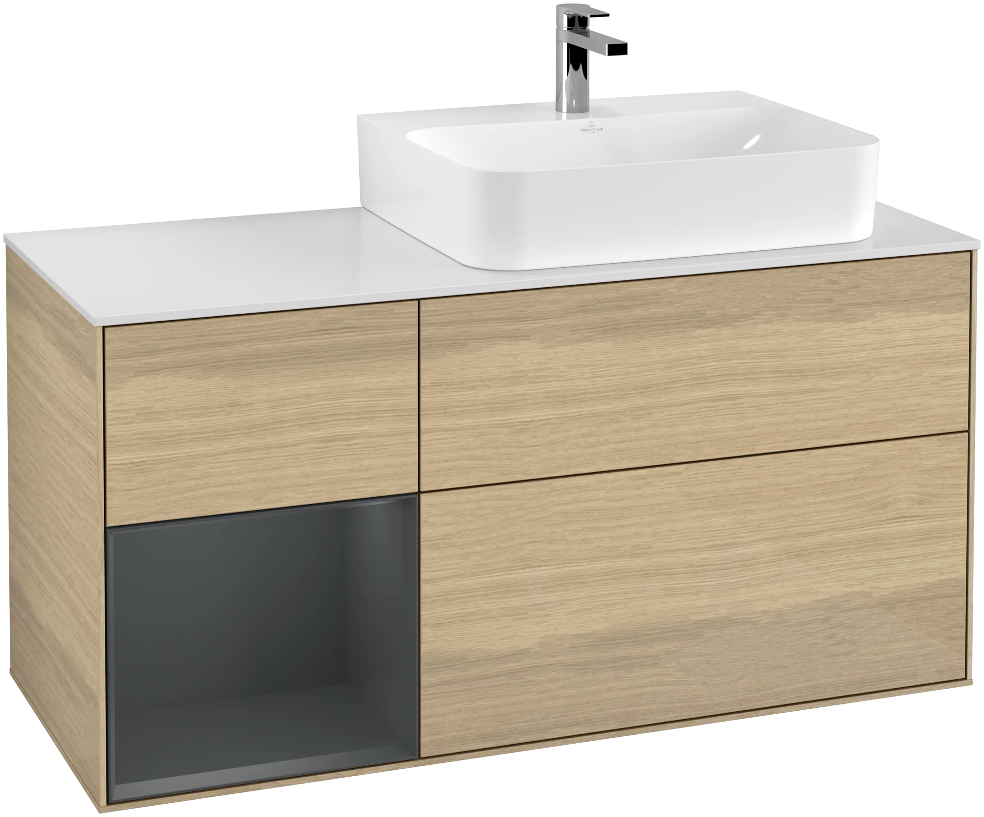Bild von VILLEROY BOCH Finion Waschbeckenunterschrank, mit Beleuchtung, 3 Auszüge, 1200 x 603 x 501 mm, Oak Veneer / Midnight Blue Matt Lacquer / Glass White Matt #G141HGPC