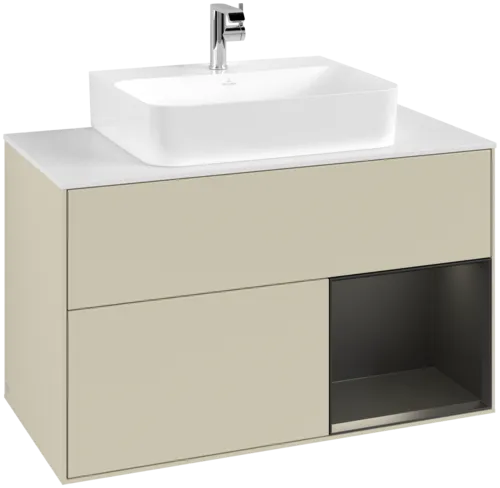 Bild von VILLEROY BOCH Finion Waschbeckenunterschrank, mit Beleuchtung, 2 Auszüge, 1000 x 603 x 501 mm, Silk Grey Matt Lacquer / Black Matt Lacquer / Glass White Matt #G121PDHJ