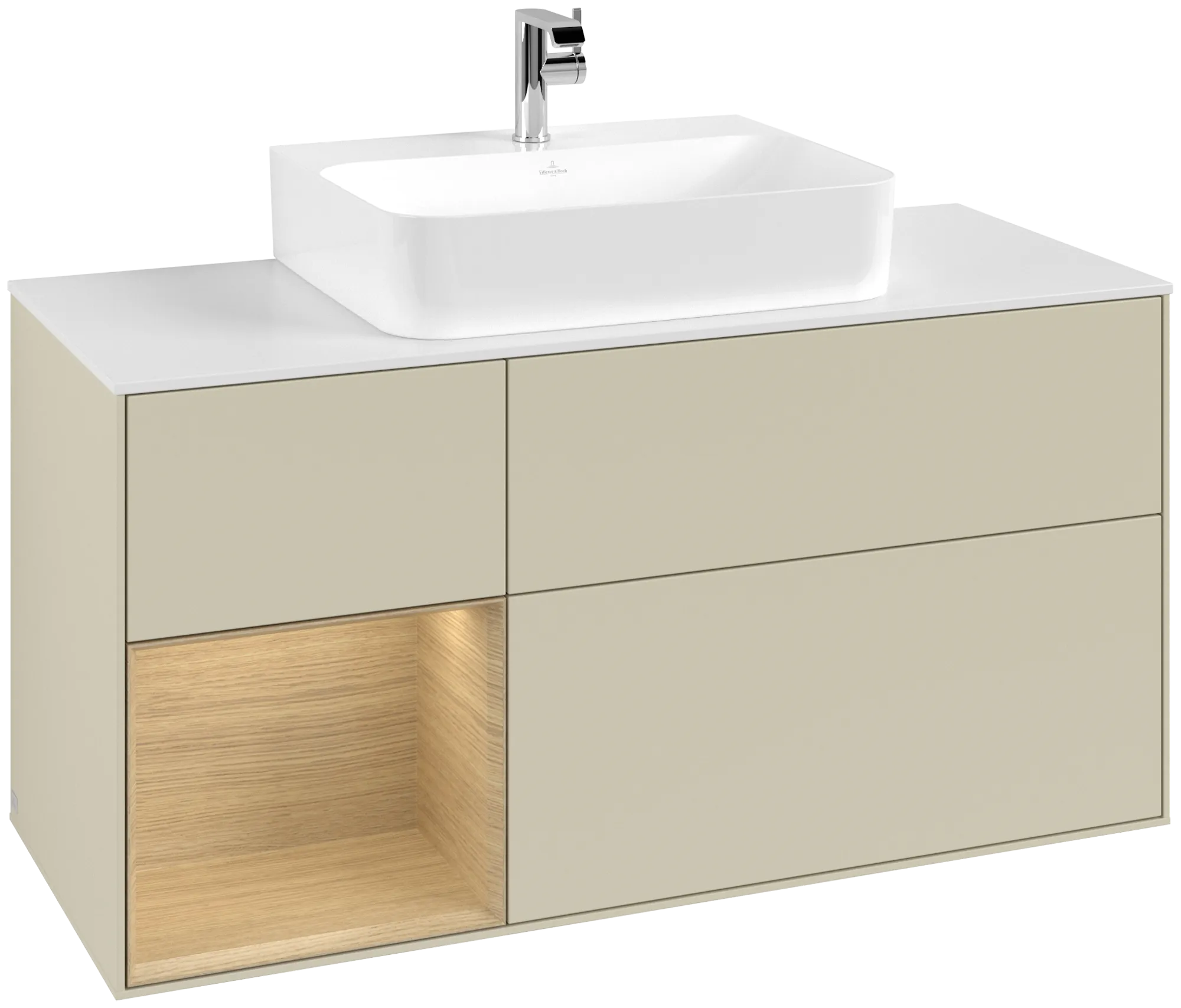 Bild von VILLEROY BOCH Finion Waschbeckenunterschrank, mit Beleuchtung, 3 Auszüge, 1200 x 603 x 501 mm, Silk Grey Matt Lacquer / Oak Veneer / Glass White Matt #G161PCHJ