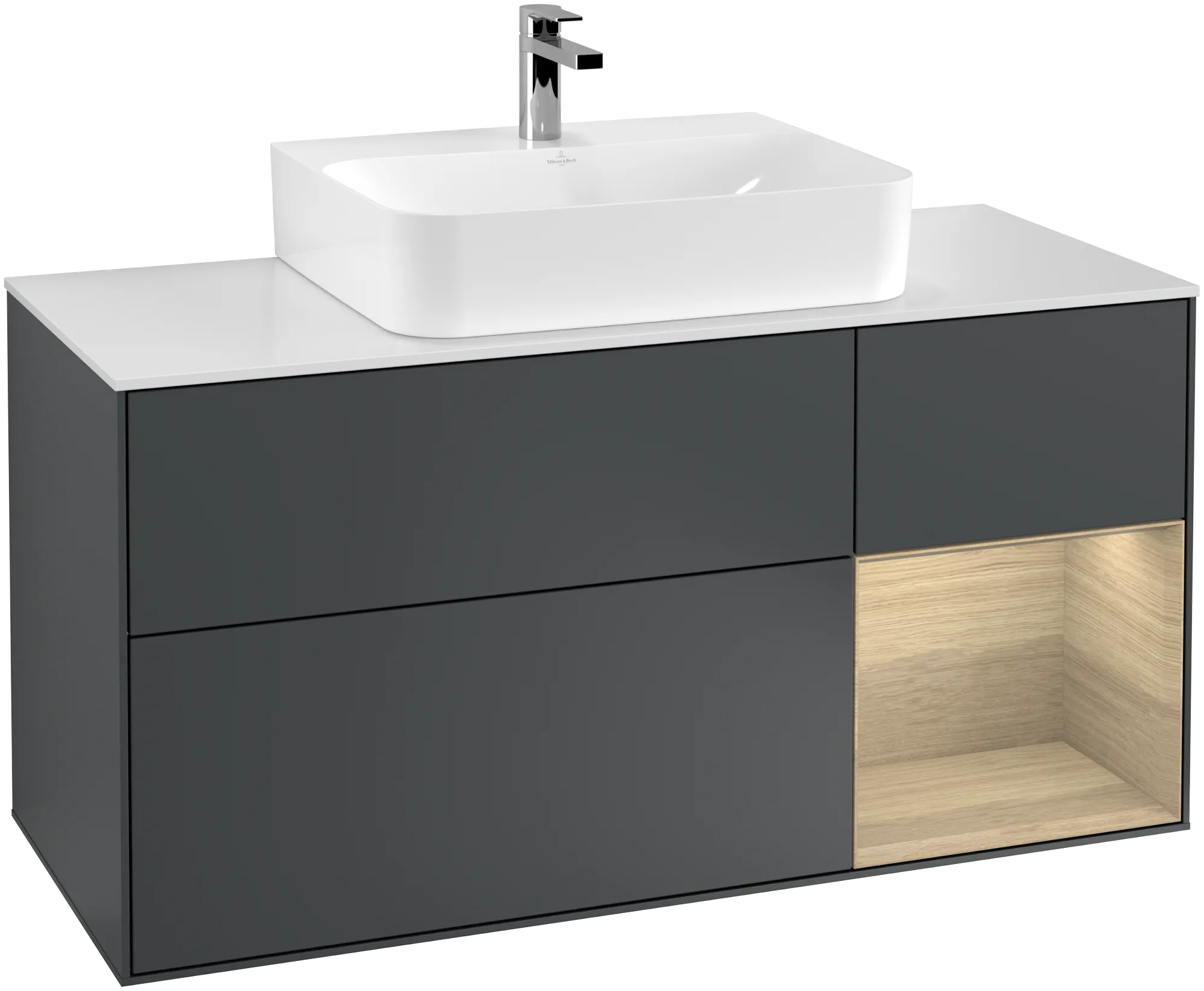 Obrázek VILLEROY BOCH Finion Vanity unit, with lighting, 3 pull-out compartments, 1200 x 603 x 501 mm, Midnight Blue Matt Lacquer / Oak Veneer / Glass White Matt #G171PCHG