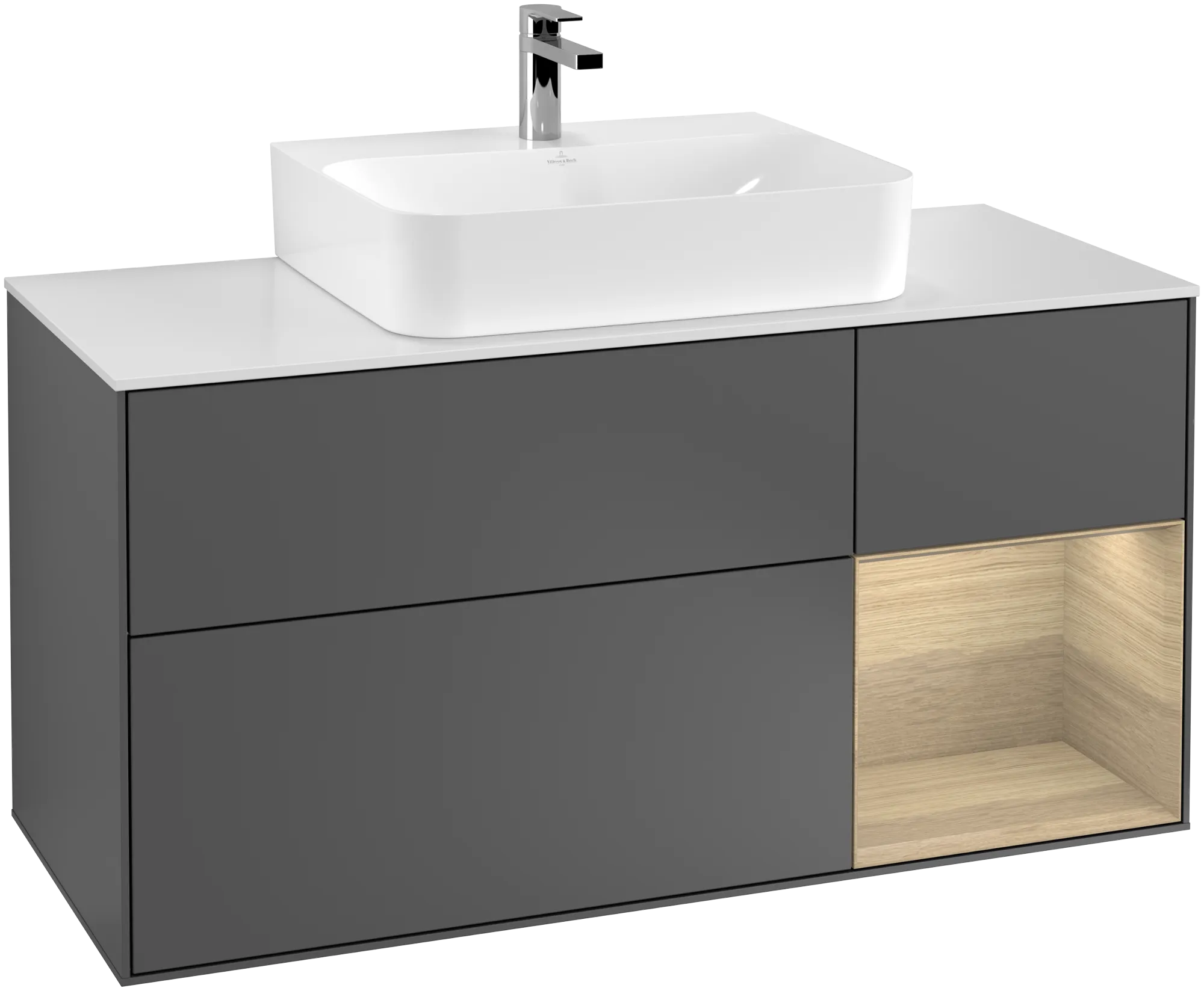 Obrázek VILLEROY BOCH Finion Vanity unit, with lighting, 3 pull-out compartments, 1200 x 603 x 501 mm, Anthracite Matt Lacquer / Oak Veneer / Glass White Matt #G171PCGK