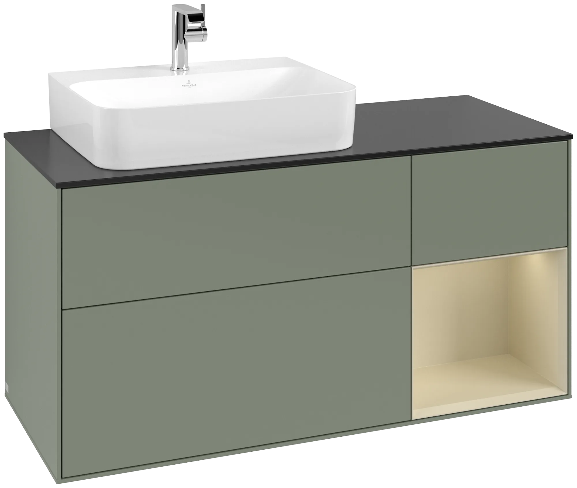 Bild von VILLEROY BOCH Finion Waschbeckenunterschrank, mit Beleuchtung, 3 Auszüge, 1200 x 603 x 501 mm, Olive Matt Lacquer / Silk Grey Matt Lacquer / Glass Black Matt #G152HJGM