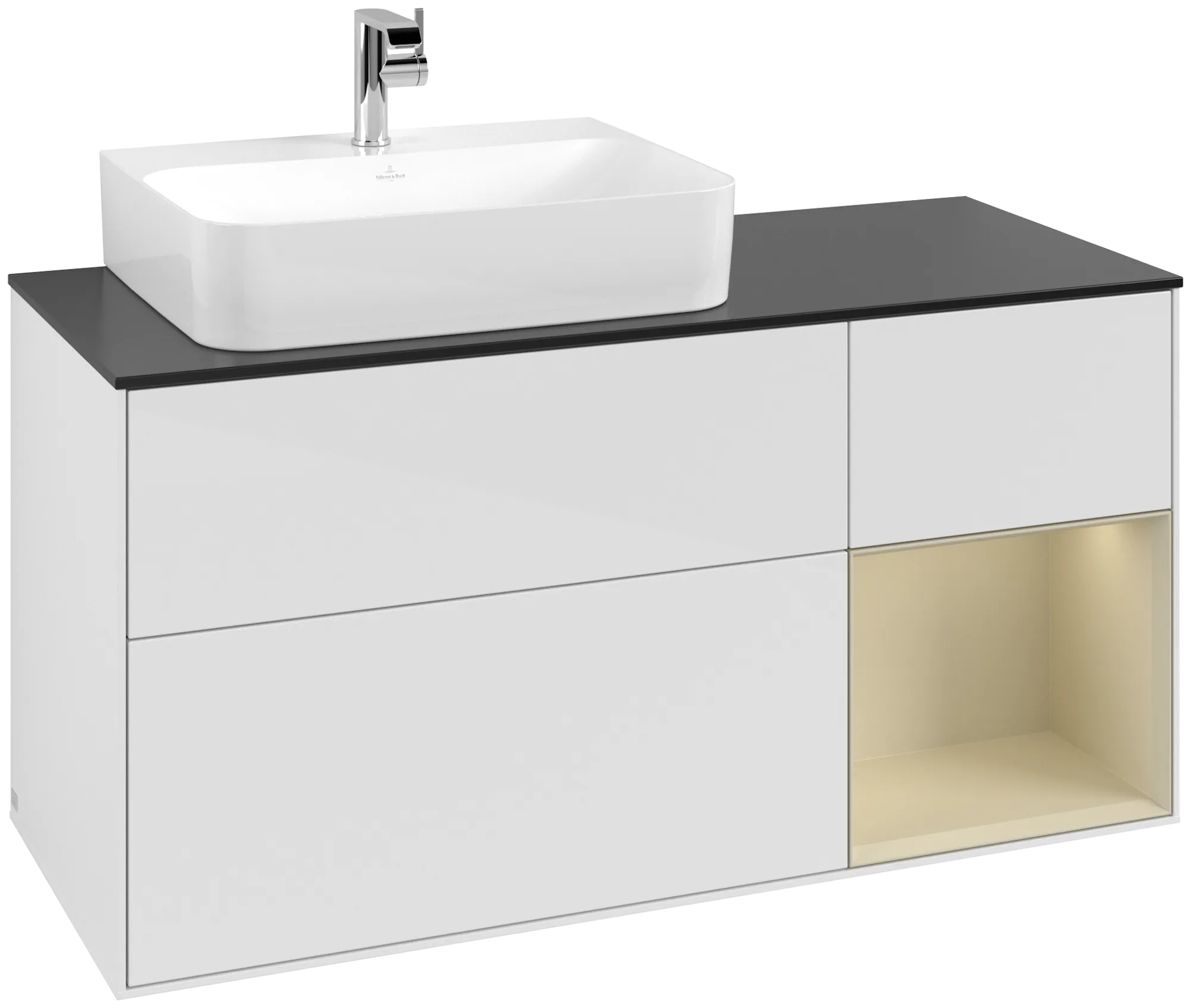 Bild von VILLEROY BOCH Finion Waschbeckenunterschrank, mit Beleuchtung, 3 Auszüge, 1200 x 603 x 501 mm, Glossy White Lacquer / Silk Grey Matt Lacquer / Glass Black Matt #G152HJGF