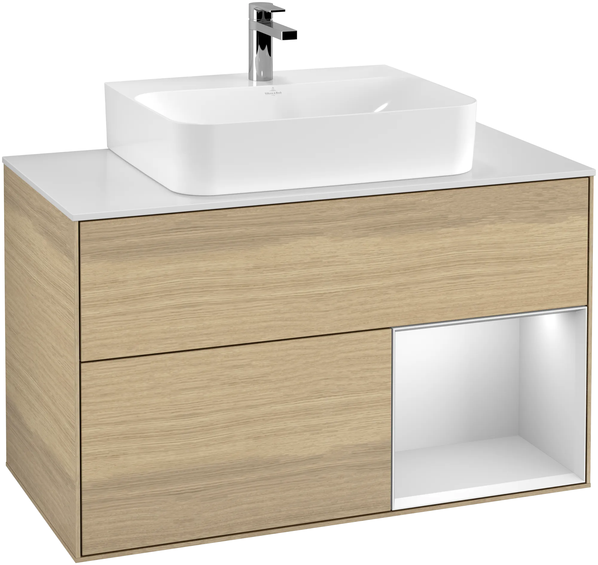 Bild von VILLEROY BOCH Finion Waschbeckenunterschrank, mit Beleuchtung, 2 Auszüge, 1000 x 603 x 501 mm, Oak Veneer / White Matt Lacquer / Glass White Matt #G121MTPC