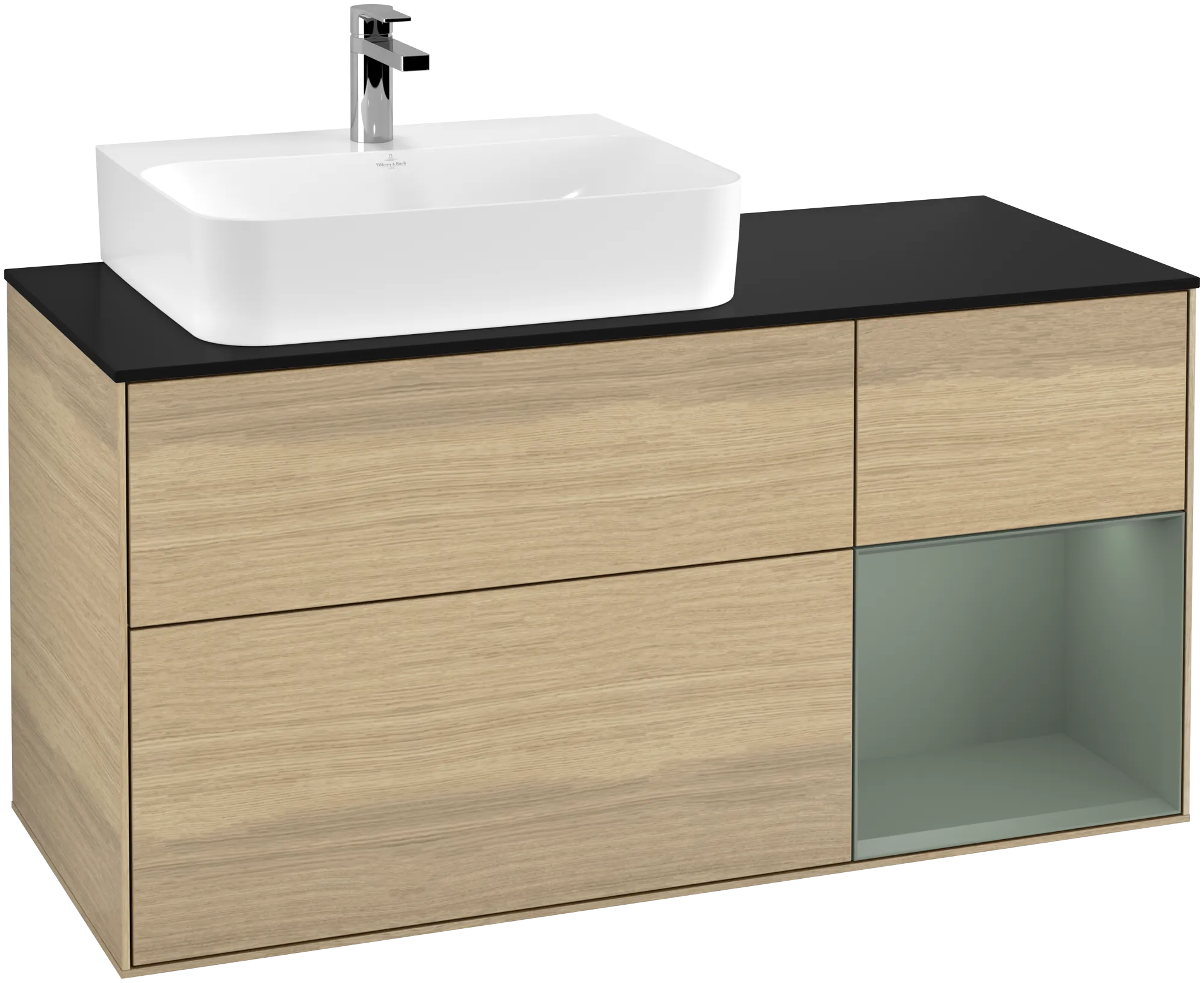 Bild von VILLEROY BOCH Finion Waschbeckenunterschrank, mit Beleuchtung, 3 Auszüge, 1200 x 603 x 501 mm, Oak Veneer / Olive Matt Lacquer / Glass Black Matt #G152GMPC