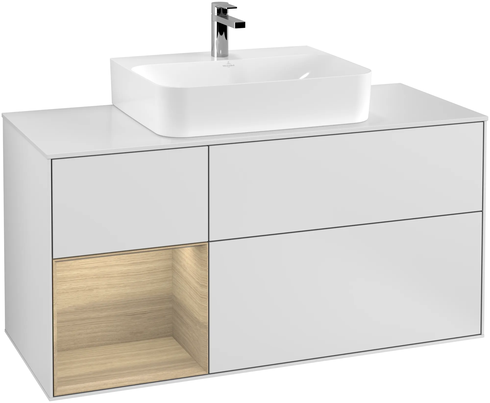 Picture of VILLEROY BOCH Finion Vanity unit, with lighting, 3 pull-out compartments, 1200 x 603 x 501 mm, White Matt Lacquer / Oak Veneer / Glass White Matt #G161PCMT