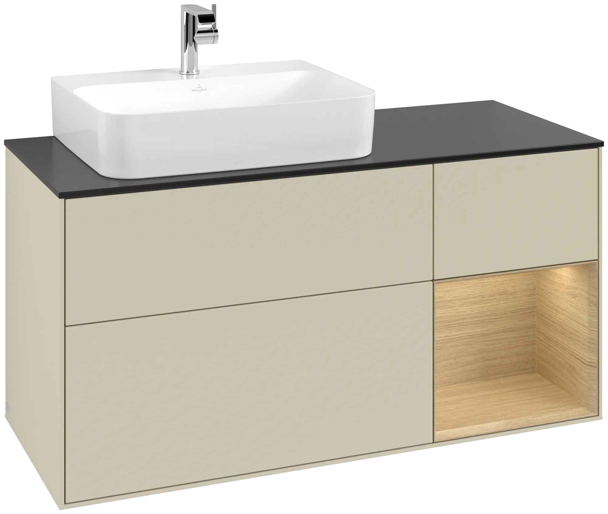Bild von VILLEROY BOCH Finion Waschbeckenunterschrank, mit Beleuchtung, 3 Auszüge, 1200 x 603 x 501 mm, Silk Grey Matt Lacquer / Oak Veneer / Glass Black Matt #G152PCHJ