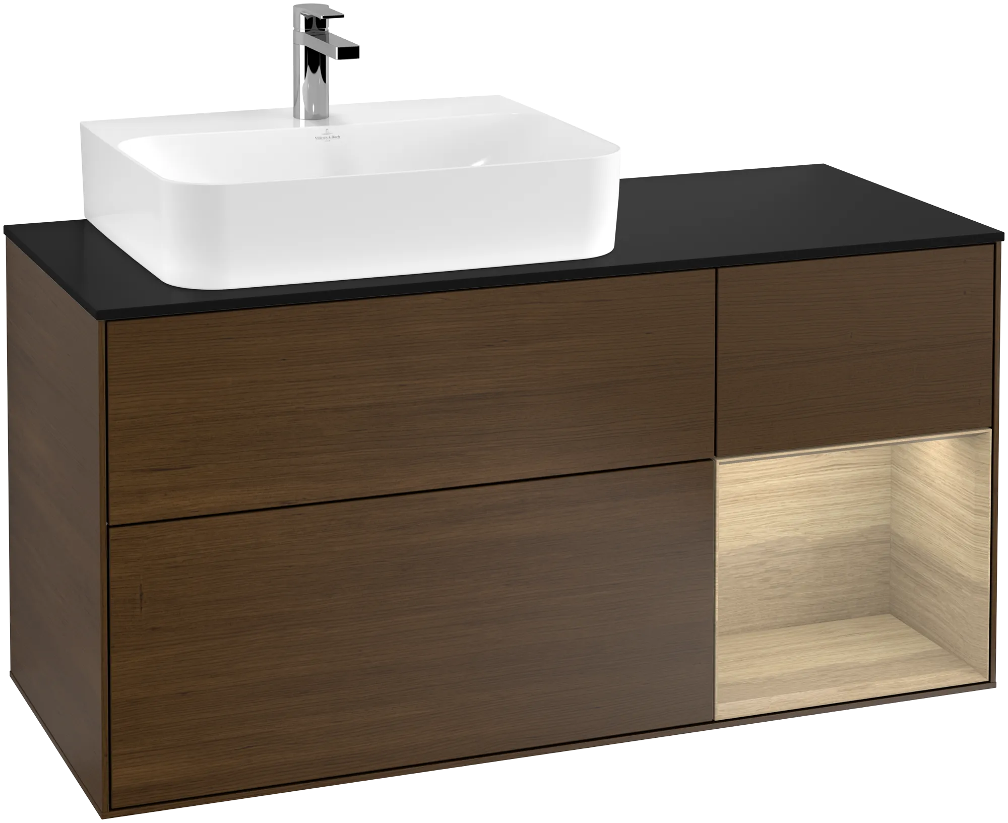 Bild von VILLEROY BOCH Finion Waschbeckenunterschrank, mit Beleuchtung, 3 Auszüge, 1200 x 603 x 501 mm, Walnut Veneer / Oak Veneer / Glass Black Matt #G152PCGN