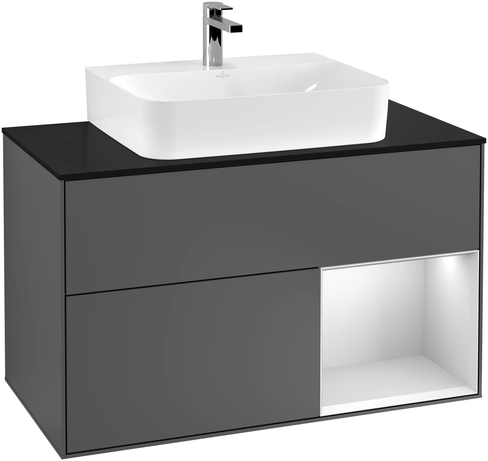 Bild von VILLEROY BOCH Finion Waschbeckenunterschrank, mit Beleuchtung, 2 Auszüge, 1000 x 603 x 501 mm, Anthracite Matt Lacquer / White Matt Lacquer / Glass Black Matt #G122MTGK