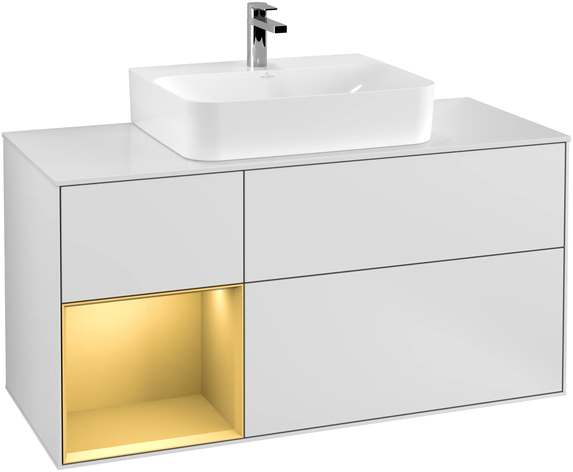 Bild von VILLEROY BOCH Finion Waschbeckenunterschrank, mit Beleuchtung, 3 Auszüge, 1200 x 603 x 501 mm, White Matt Lacquer / Gold Matt Lacquer / Glass White Matt #G161HFMT