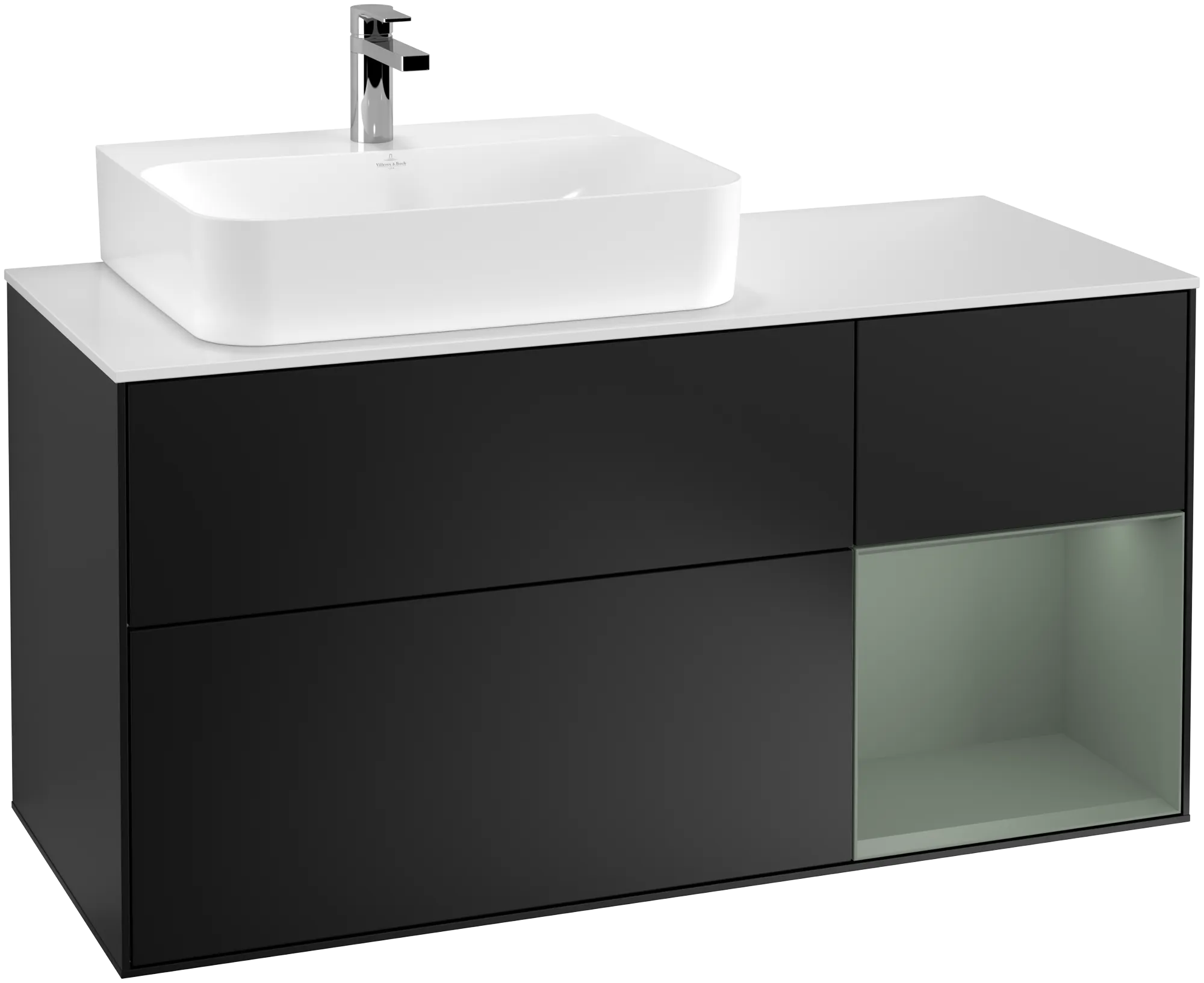 Obrázek VILLEROY BOCH Finion Vanity unit, with lighting, 3 pull-out compartments, 1200 x 603 x 501 mm, Black Matt Lacquer / Olive Matt Lacquer / Glass White Matt #G151GMPD