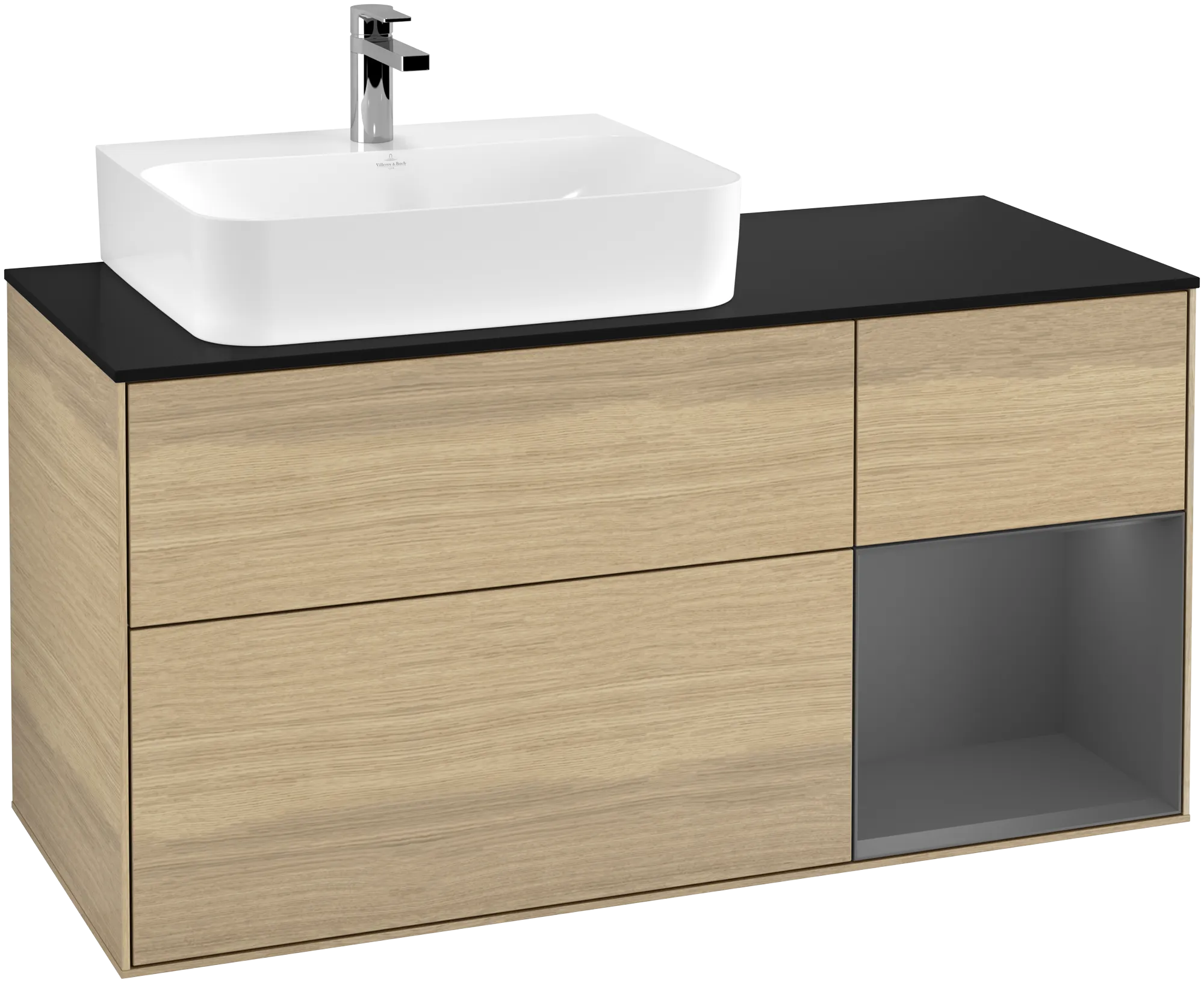 Bild von VILLEROY BOCH Finion Waschbeckenunterschrank, mit Beleuchtung, 3 Auszüge, 1200 x 603 x 501 mm, Oak Veneer / Anthracite Matt Lacquer / Glass Black Matt #G152GKPC
