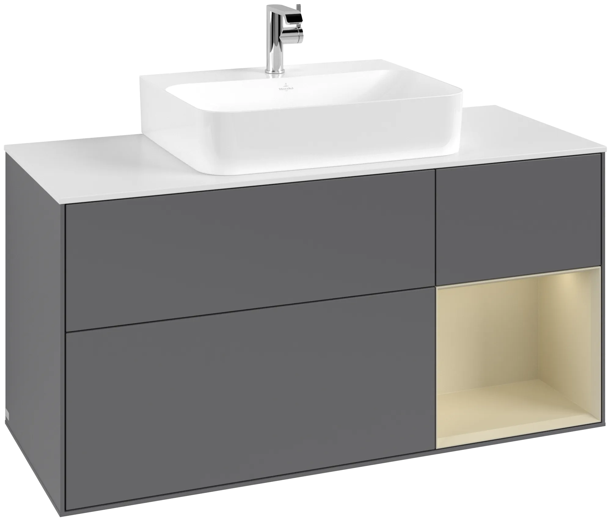 Bild von VILLEROY BOCH Finion Waschbeckenunterschrank, mit Beleuchtung, 3 Auszüge, 1200 x 603 x 501 mm, Anthracite Matt Lacquer / Silk Grey Matt Lacquer / Glass White Matt #G171HJGK