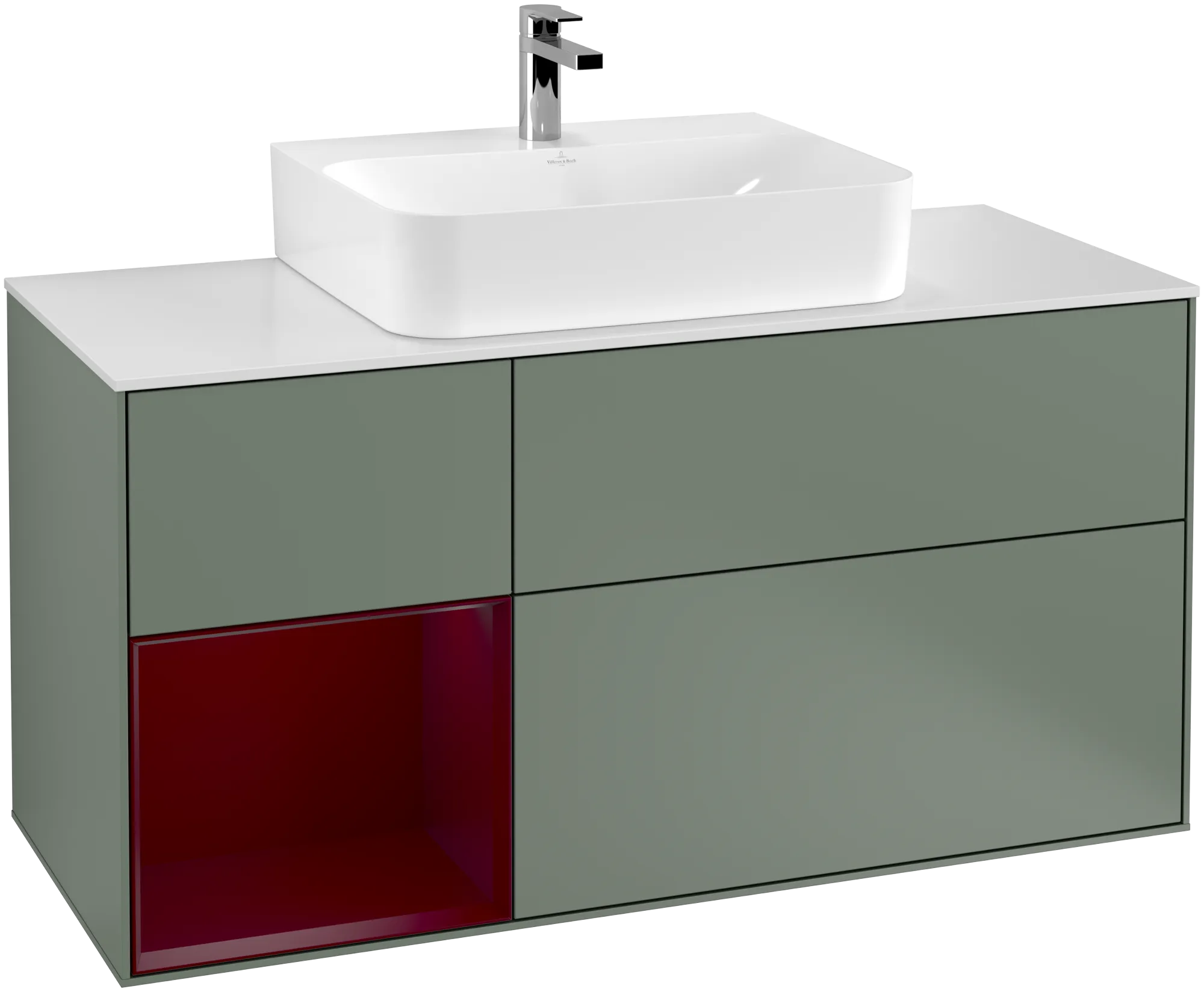 Bild von VILLEROY BOCH Finion Waschbeckenunterschrank, mit Beleuchtung, 3 Auszüge, 1200 x 603 x 501 mm, Olive Matt Lacquer / Peony Matt Lacquer / Glass White Matt #G161HBGM