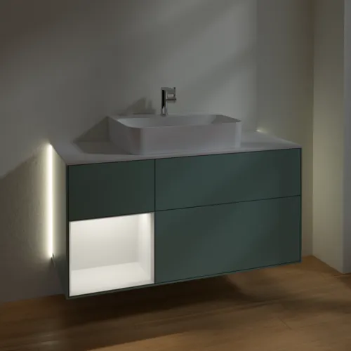 Obrázek VILLEROY BOCH Finion Vanity unit, with lighting, 3 pull-out compartments, 1200 x 603 x 501 mm, Olive Matt Lacquer / Peony Matt Lacquer / Glass White Matt #G161HBGM