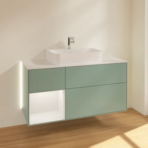 Obrázek VILLEROY BOCH Finion Vanity unit, with lighting, 3 pull-out compartments, 1200 x 603 x 501 mm, Olive Matt Lacquer / Peony Matt Lacquer / Glass White Matt #G161HBGM