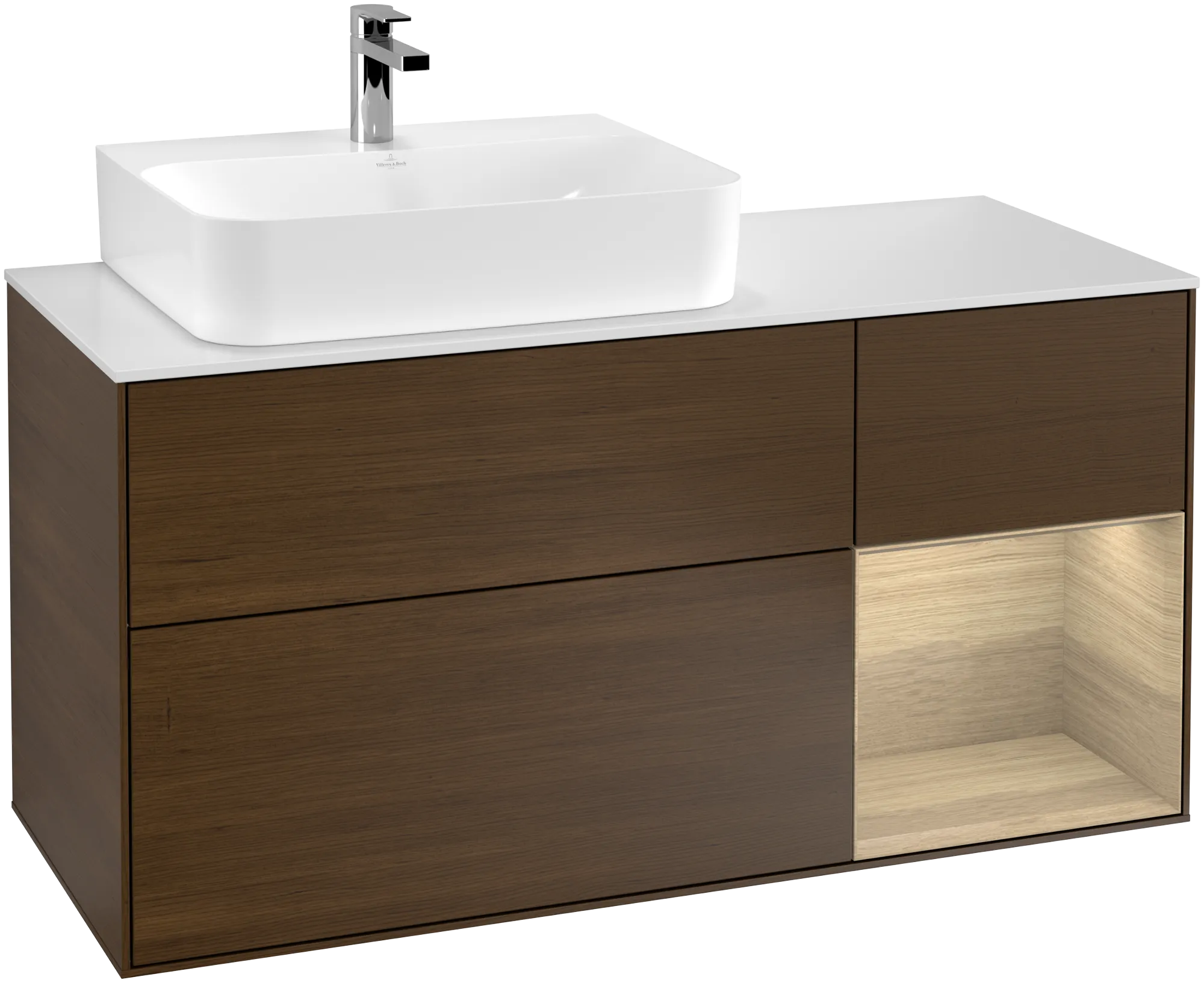 Bild von VILLEROY BOCH Finion Waschbeckenunterschrank, mit Beleuchtung, 3 Auszüge, 1200 x 603 x 501 mm, Walnut Veneer / Oak Veneer / Glass White Matt #G151PCGN