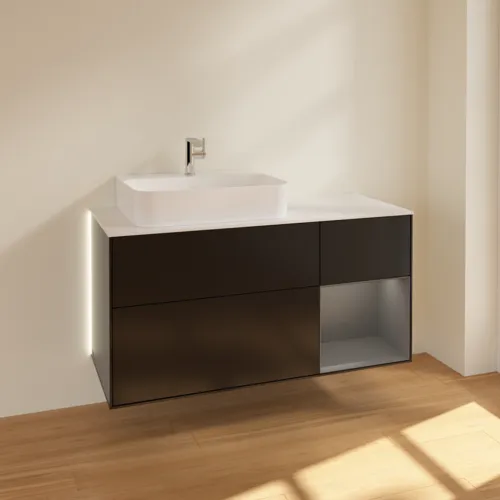 Bild von VILLEROY BOCH Finion Waschbeckenunterschrank, mit Beleuchtung, 3 Auszüge, 1200 x 603 x 501 mm, Black Matt Lacquer / Anthracite Matt Lacquer / Glass White Matt #G151GKPD