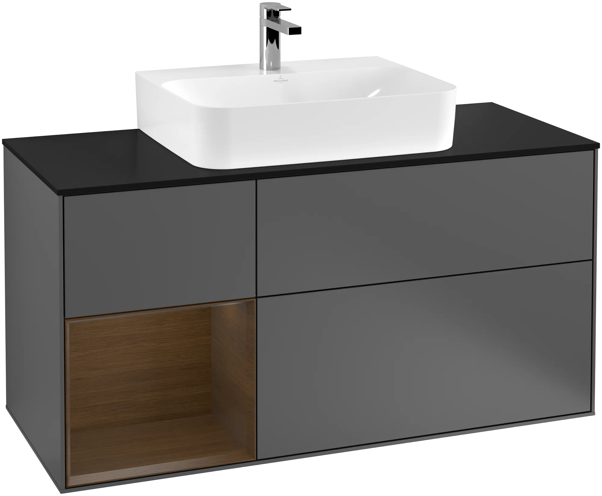 Bild von VILLEROY BOCH Finion Waschbeckenunterschrank, mit Beleuchtung, 3 Auszüge, 1200 x 603 x 501 mm, Anthracite Matt Lacquer / Walnut Veneer / Glass Black Matt #G162GNGK