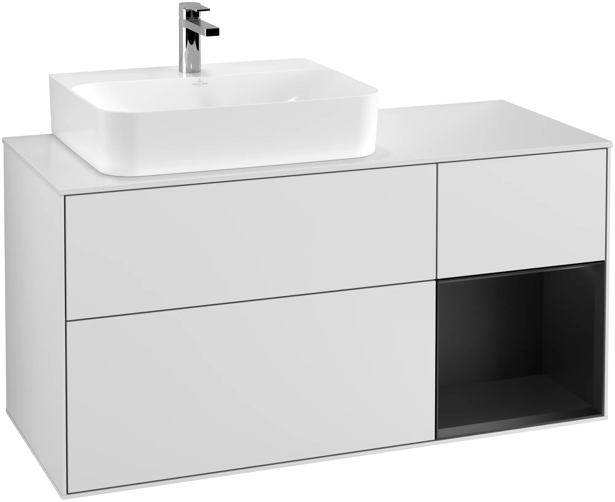 Bild von VILLEROY BOCH Finion Waschbeckenunterschrank, mit Beleuchtung, 3 Auszüge, 1200 x 603 x 501 mm, White Matt Lacquer / Black Matt Lacquer / Glass White Matt #G151PDMT