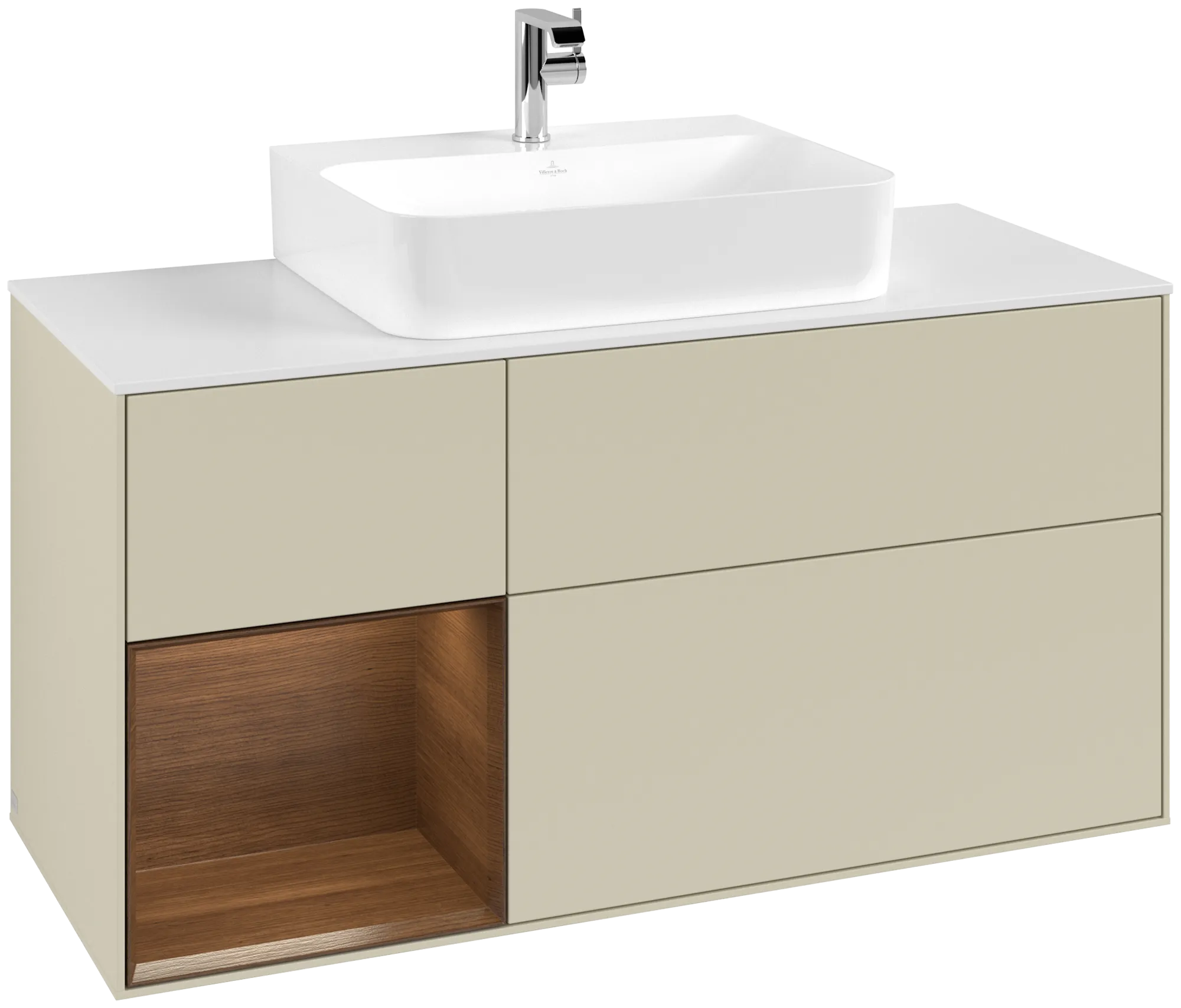 Bild von VILLEROY BOCH Finion Waschbeckenunterschrank, mit Beleuchtung, 3 Auszüge, 1200 x 603 x 501 mm, Silk Grey Matt Lacquer / Walnut Veneer / Glass White Matt #G161GNHJ